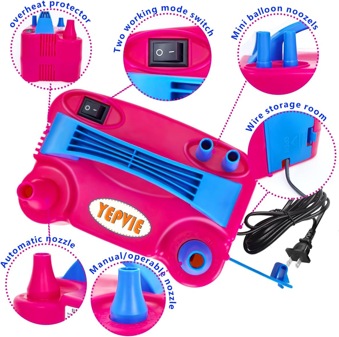 YEPVIE Electric Balloon Pump 600W, Balloon Blower with 14 Balloon Arch Kits, Dual Nozzle & 2 Modes, Portable Balloon Inflator Pump Decor for Party, Wedding, Balloons - Professional Balloon Machine image number 6