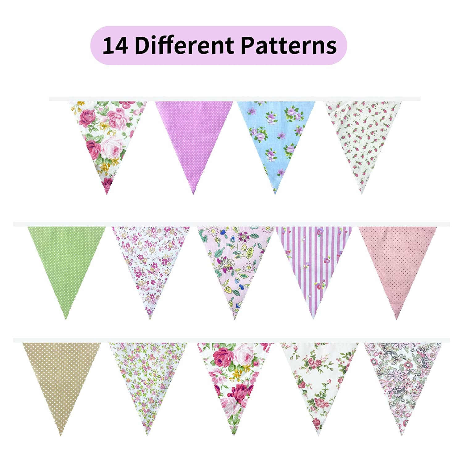 ZCOINS 40Ft/12M Fabric Bunting Banners, 42PCS Floral Vintage Triangle Flags Reusable Cotton Cloth Pennants for Garden Wedding Birthday Party Outdoor Hanging Decoration image number 4