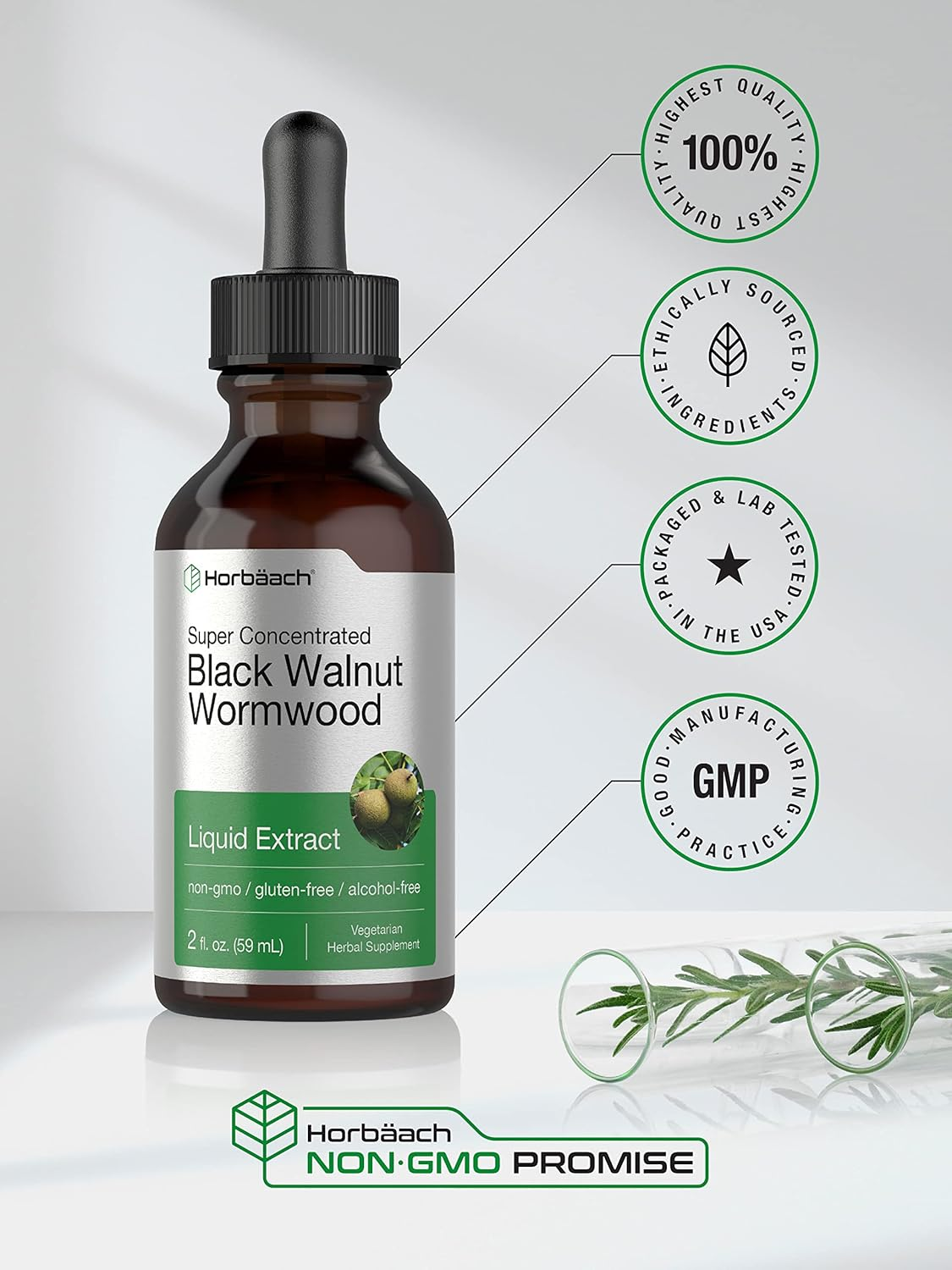 Black Walnut Wormwood Liquid Extract | 2 Fl Oz | Alcohol Free Tincture | Vegetarian, Non-Gmo & Gluten Free | by Horbaach