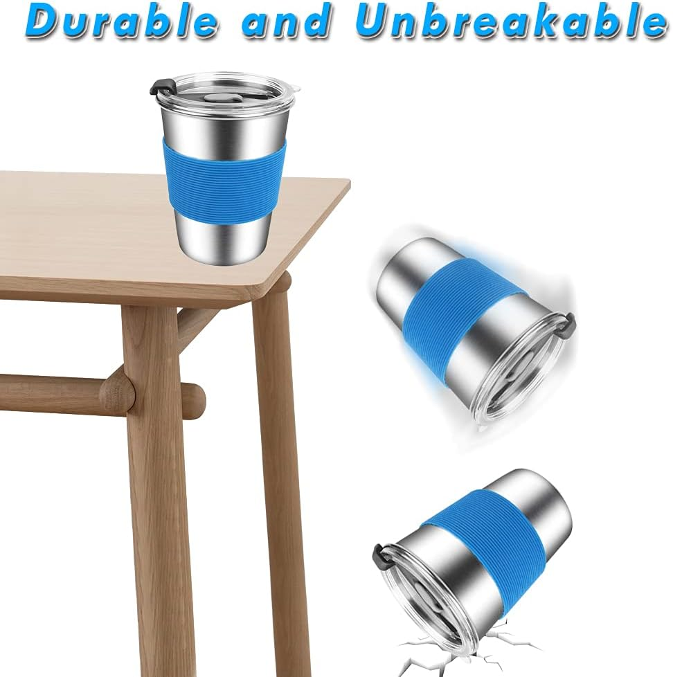 Shineme Kids Stainless Steel Cups,12Oz Kids Metal Drinking Glasses with Lids and Sleeves, 5Pack Reusable Water Tumbler for Children and Adults Spill Proof, Apply to Indoor and Outdoor image number 2