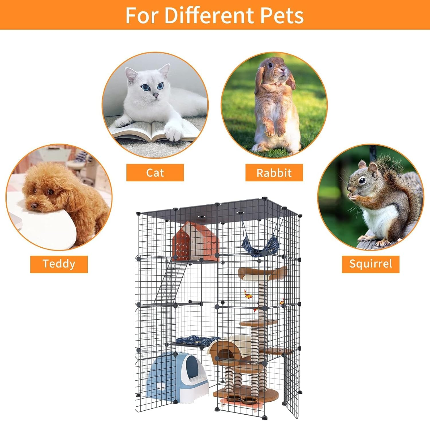 Enliansgo 4-Tier Cat Cage Enclosure, Large 111 * 75 * 146Cm Metal Wire House with Hammock, Cat Enclosures Detachable Metal Small Animal Cage Wire Fence Cage Indoor/Outdoor Cat Kennels for 1-3 Cats