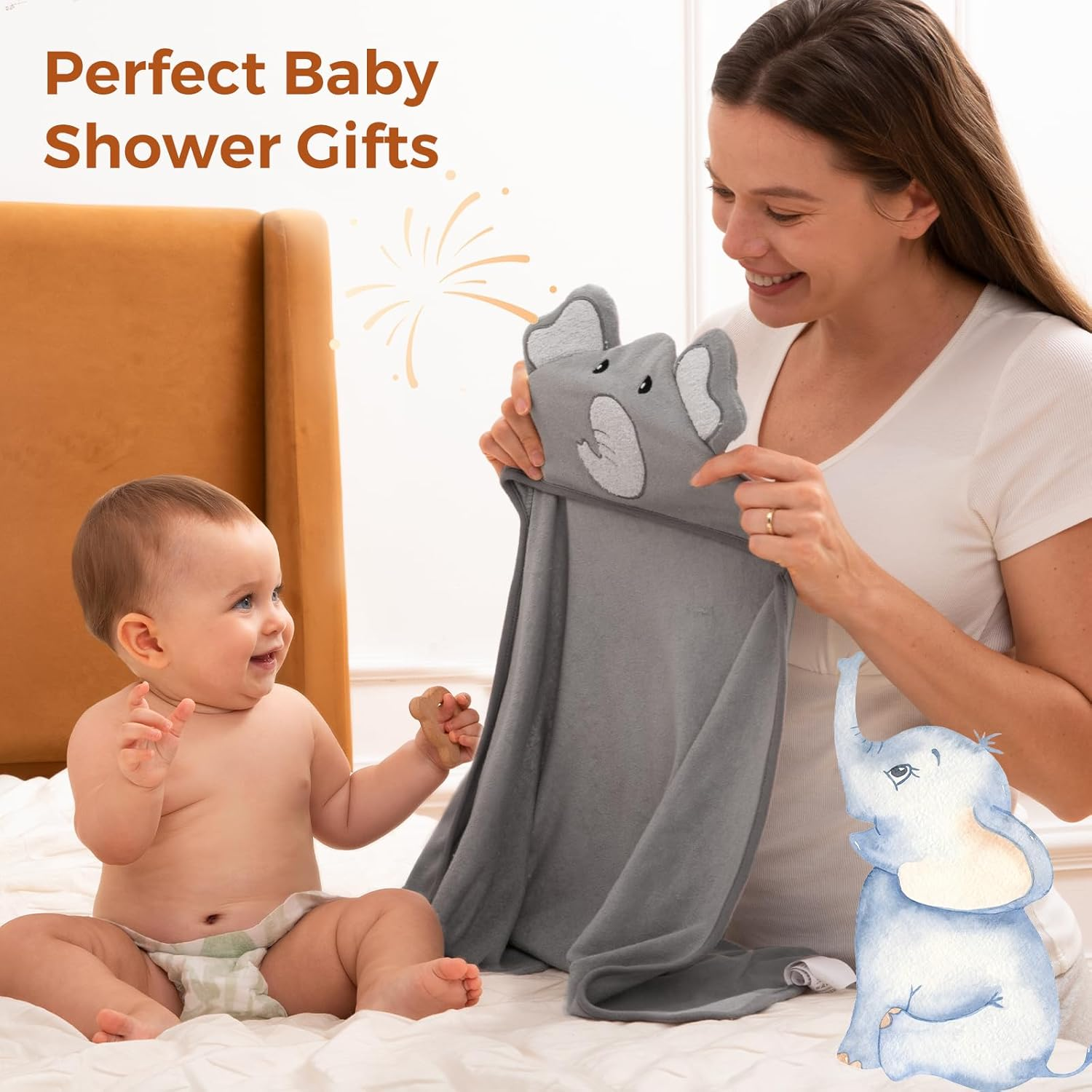Momcozy Cute Elephant Hooded Baby Towel- 8 Piece Bath Essential, 2 X Towels and 6 X Wash Cloth Set- for Boys or Girls - Soft and Comfort for Newborn, Infant and Toddler image number 5