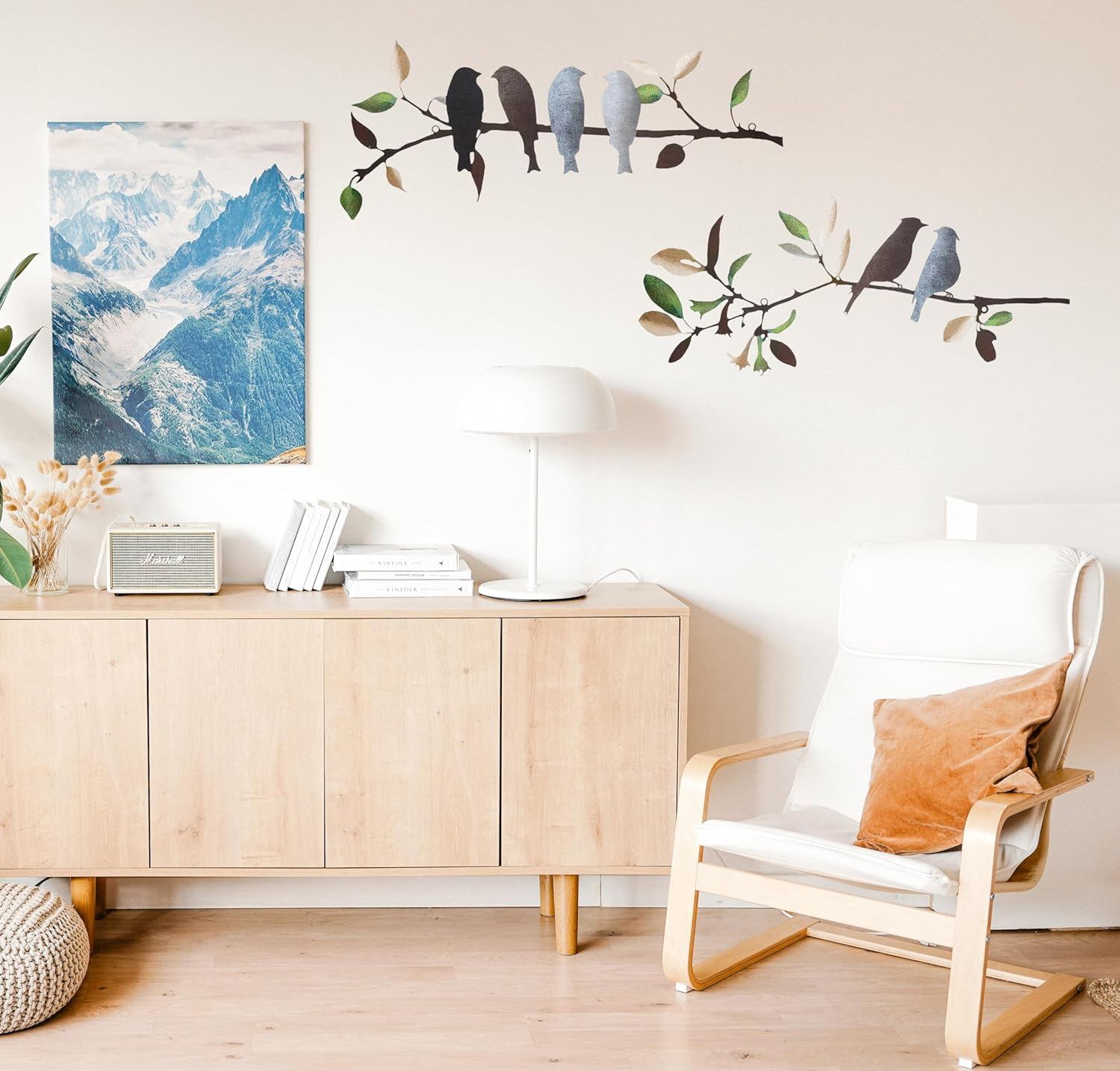 2 Pieces Metal Birds Wall Art Decor on Branch Metal Silhouette Sculpture Colorful Leaves with Birds Wall Decor Metal Art Wall Decor for Home Garden Balcony Indoor Outdoor Decor -Multi image number 2