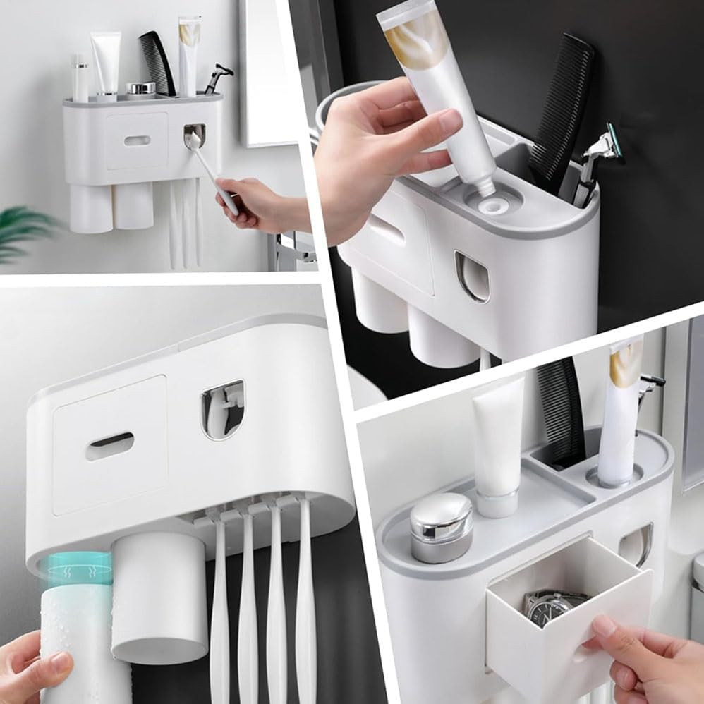 Bathroom Wall Mounted Double Cup Toothbrush Holder, Punch-Free. Automatic Toothpaste Squeezer. Large Capacity Tray, Cosmetic Drawer.