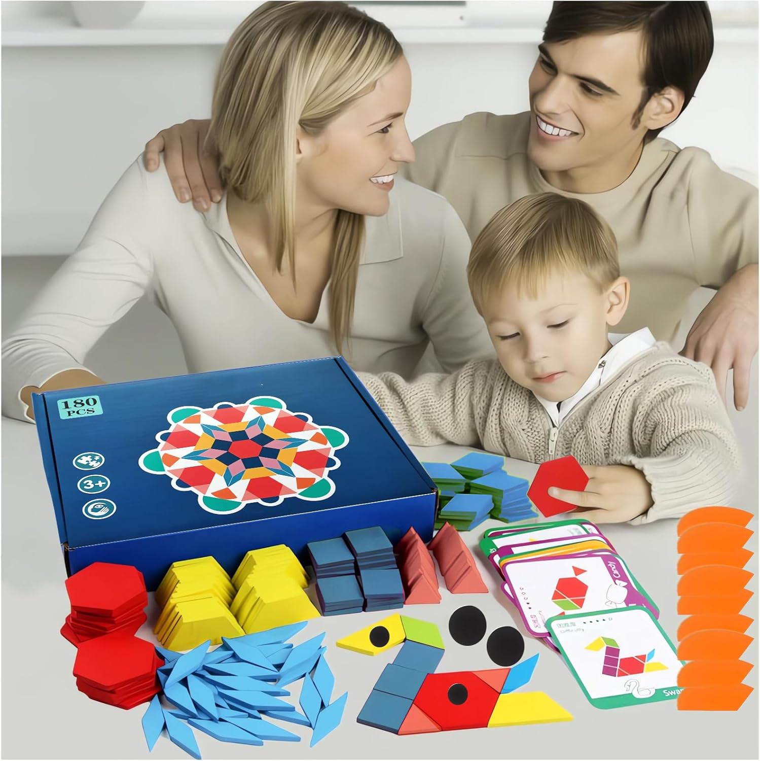 180 Pcs Wooden Pattern Blocks, Tangram Puzzles for Kids Ages 4-8, Montessori Toys Geometric Shapes Puzzle Set with Activity Cards, Educational Learning Toys for Children image number 3