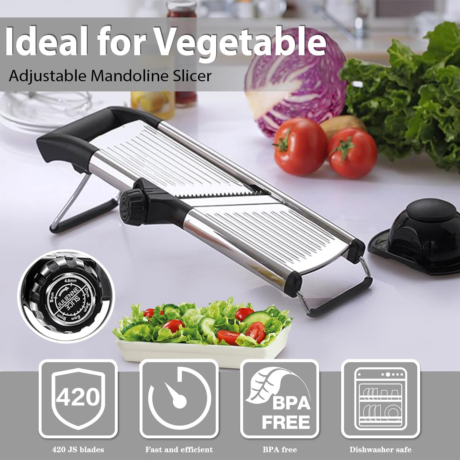 Chef Power High-Quality Mandoline Food Slicer with Stainless Steel Blade - Adjustable Vegetable Slicer - Mandoline Food Cutter with Hand Guard - Vegetable Slicers for Kitchen (Silver/Black)