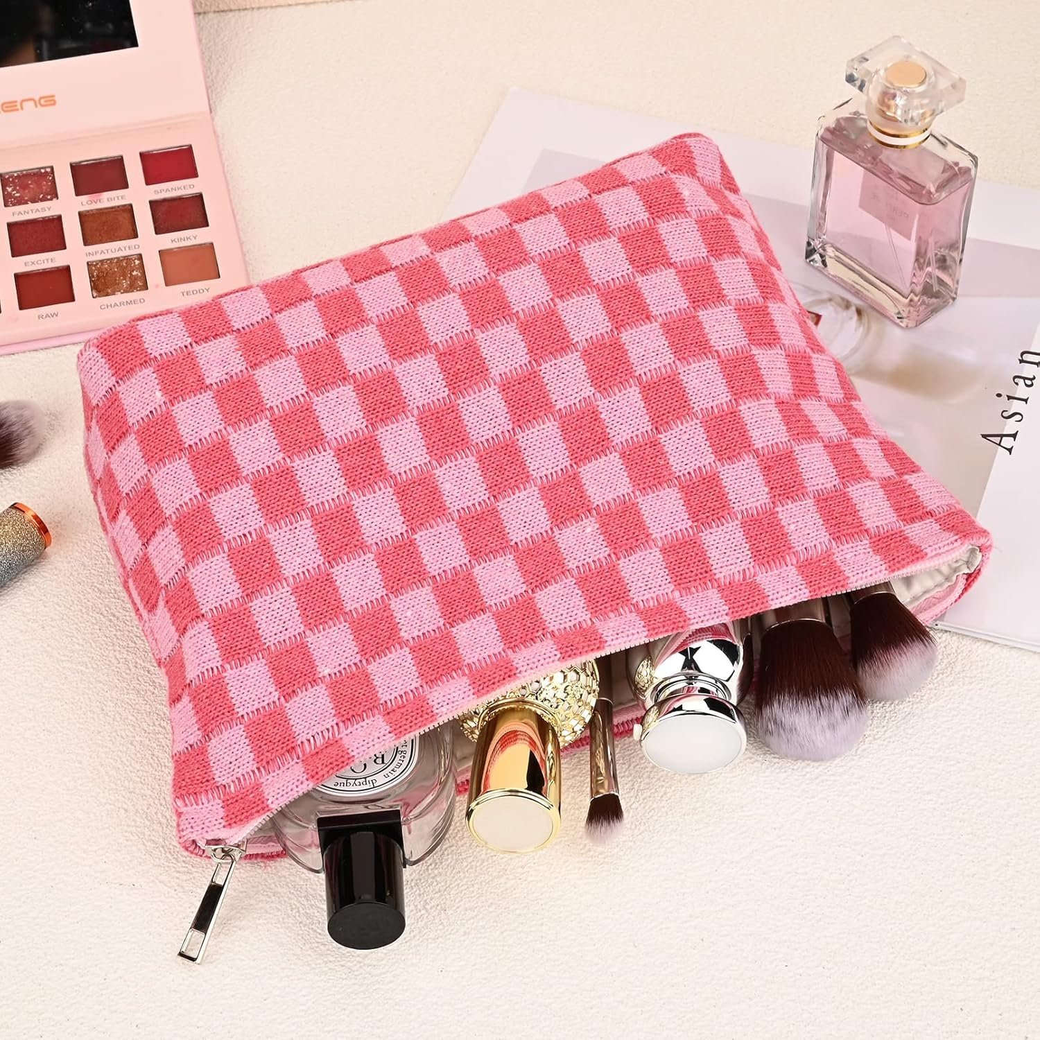 SOIDRAM 2 Pieces Makeup Bag Large Checkered Cosmetic Bag Pink Capacity Canvas Travel Toiletry Bag Organizer Cute Makeup Brushes Aesthetic Accessories Storage Bag for Women image number 5