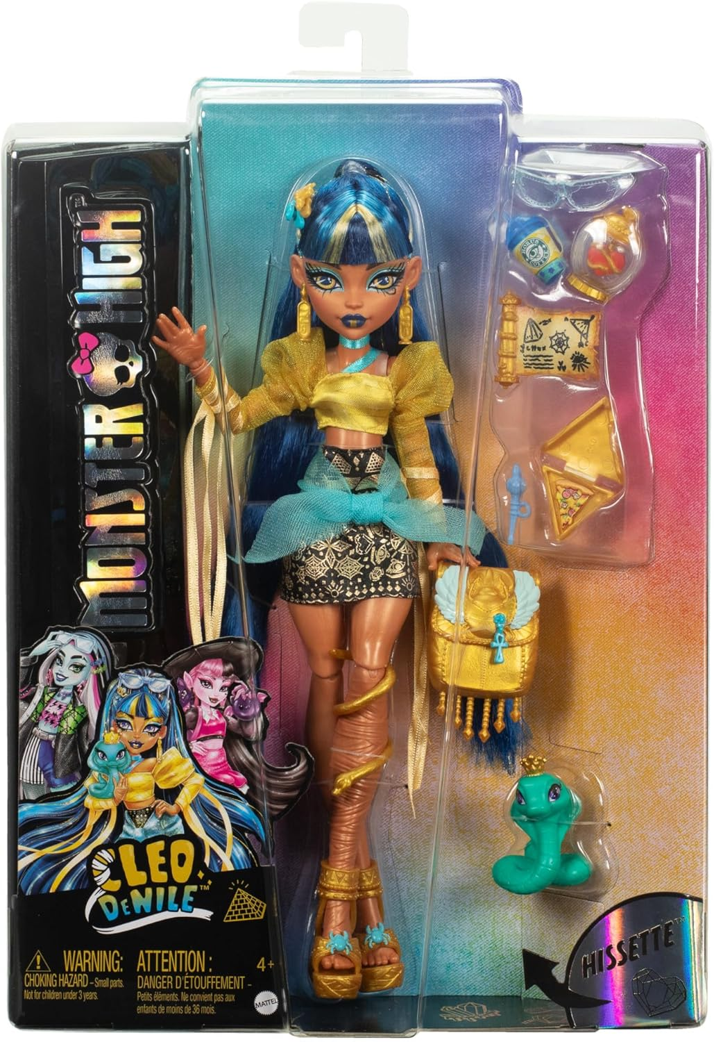 Monster High Cleo De Nile Doll in Golden Blouse and Layered Skirt, Includes Pet Cobra Hissette and Accessories like a Backpack, Snack and Scroll image number 1