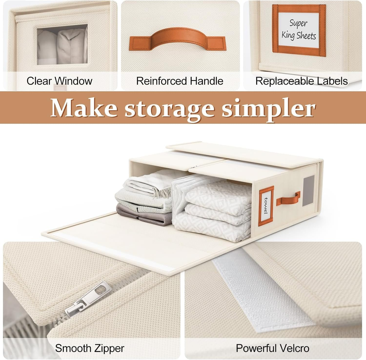 Foldable Bed Sheet Organizer & Storage Box for Linen Closet &ndash; Duvet Cover & Bedding Storage with Handle, Space-Saving Wardrobe Organiser, Saving Wardrobe Organiser (Beige, 8 Pack-King Size-3.7 Gal) image number 6