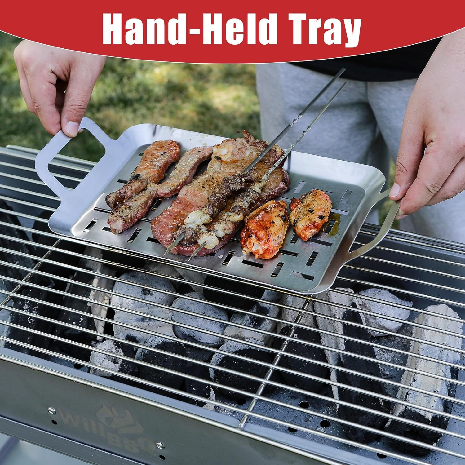 Willbbq Heavy-Duty BBQ Grill Plate Topper &ndash; Stainless Steel Tray with Handles for Grilling, BBQ, Outdoor & Kitchen image number 2