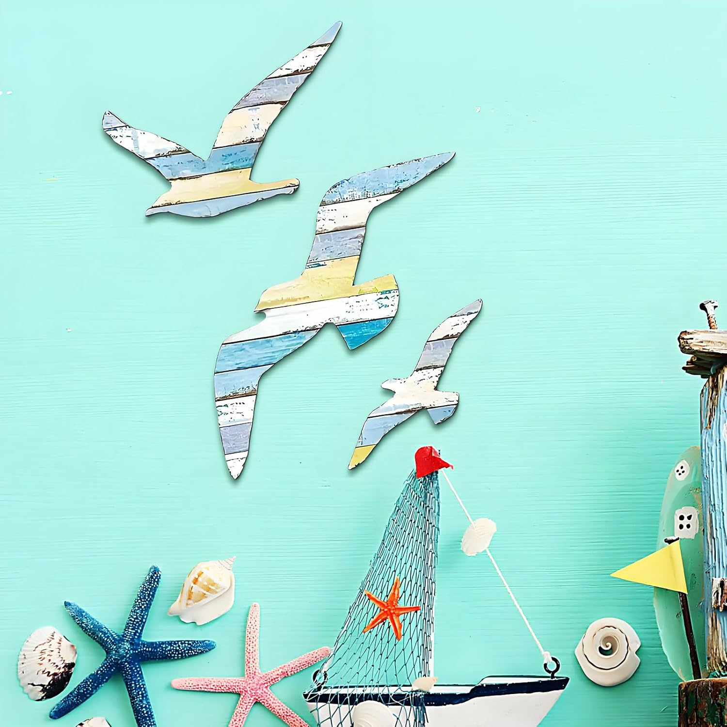 MYTOAU 3PCS Wood Self-Adhesive Seagull Beach Wall Decor Nautical Coastal Wood Wall Decor Beach Theme Art Decorations Vintage Coastal Ornaments for Pool Home Lake House Bathroom Garden Indoor Outdoor