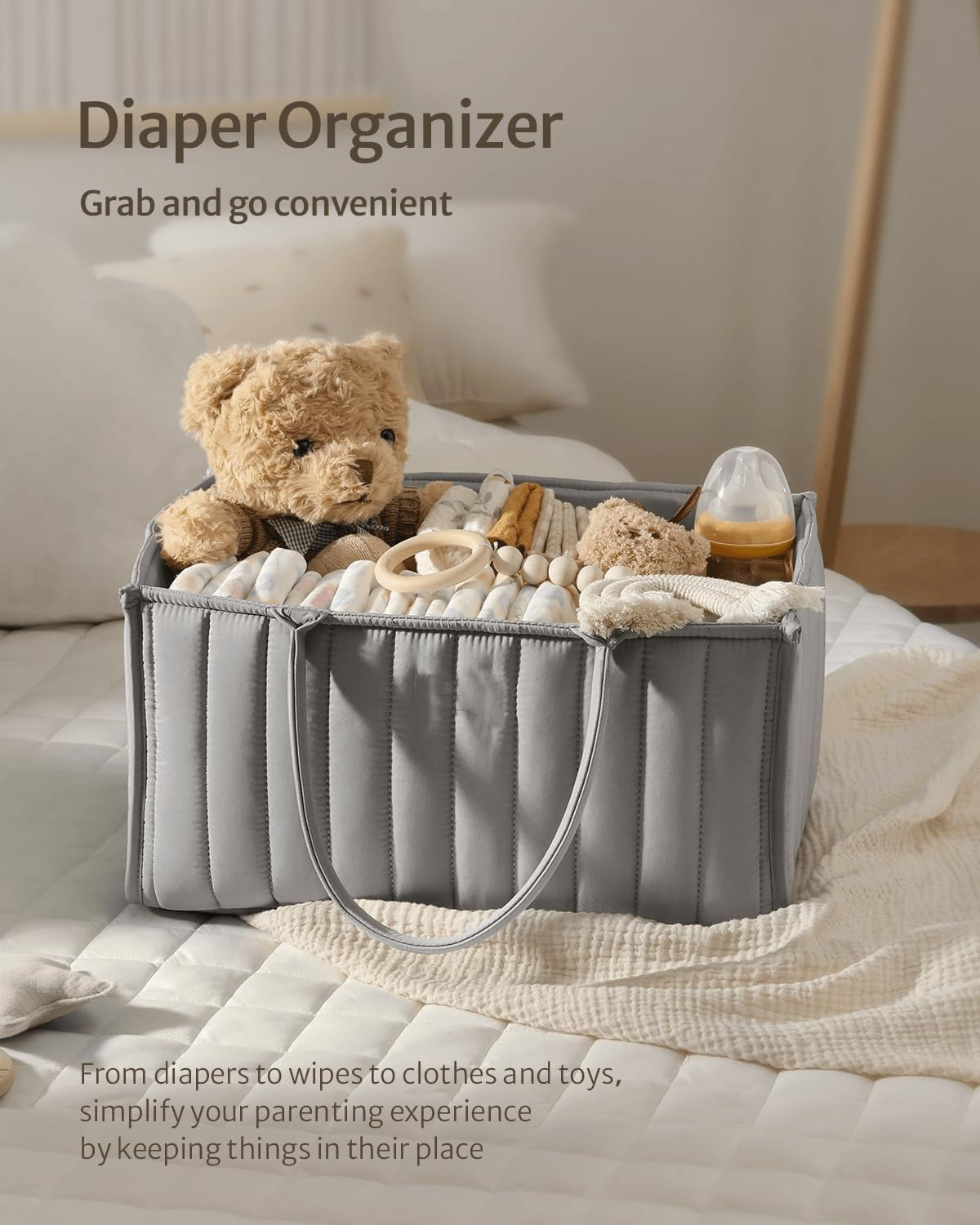 Baby Diaper Caddy Organizer, Stylish Nursery Storage Basket Gift Registry for Newborn and Must-Have Essentials (Grey) image number 3