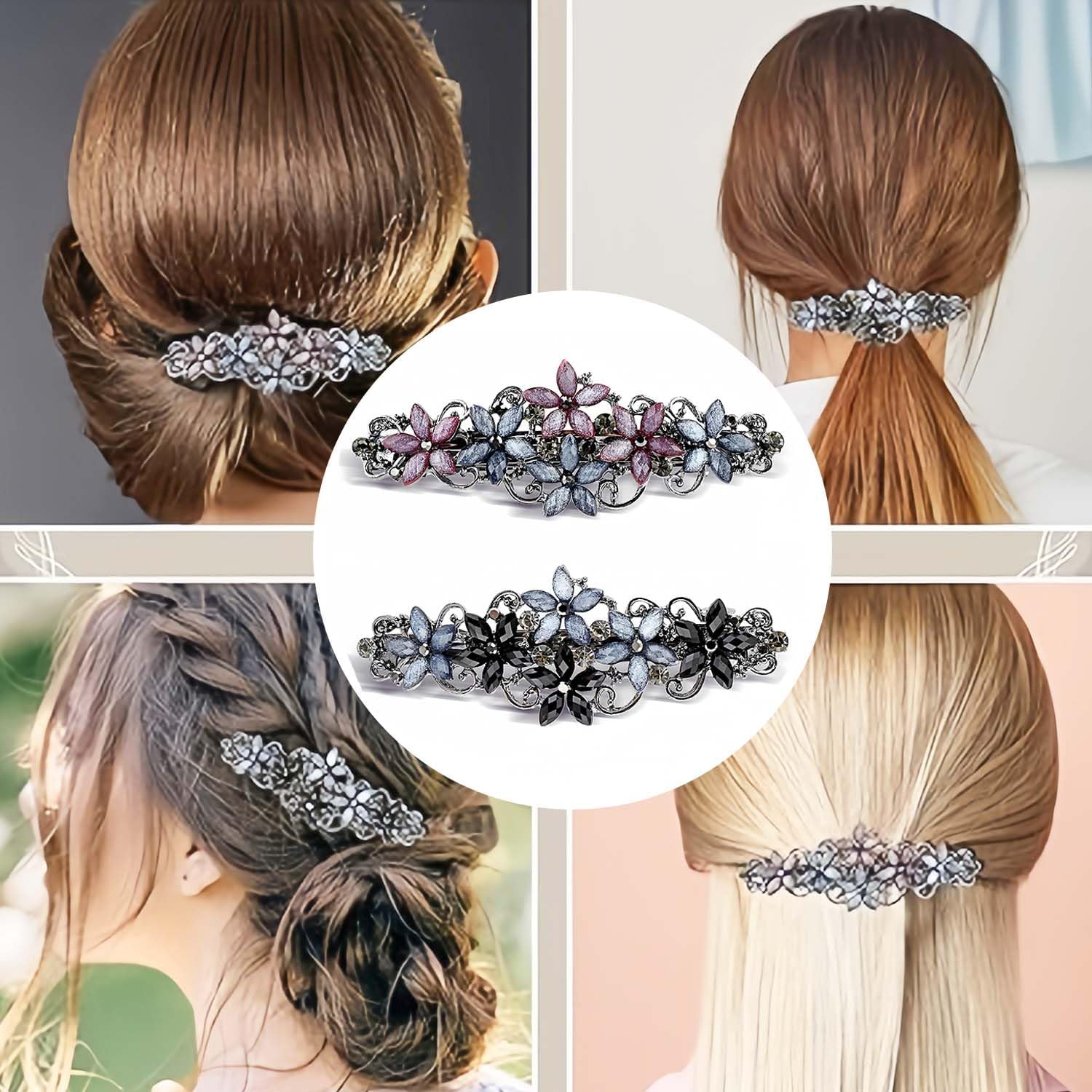 2 Pieces Elegant Hair Clips for Women and Girls - Crystal Flower Glitter Clip and Exquisite Vintage French Hair Accessories (Blue Pink/Black Grey) image number 3