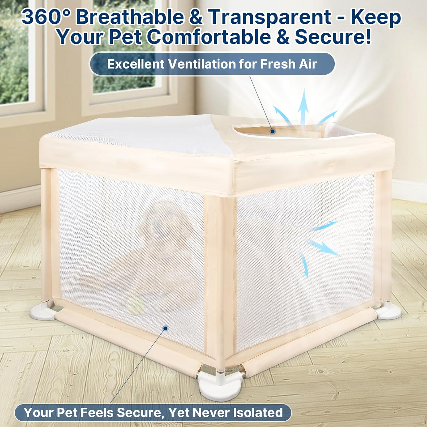 58"X58"X30" Large Dog Playpen Indoor, Extra Tall Puppy Playpen with Removable Roof, Sturdy Fabric Mesh Dog Pen for Medium to Large Pets, Spacious Hexagonal Pet Playpen Indoor for Comfort & Security image number 5