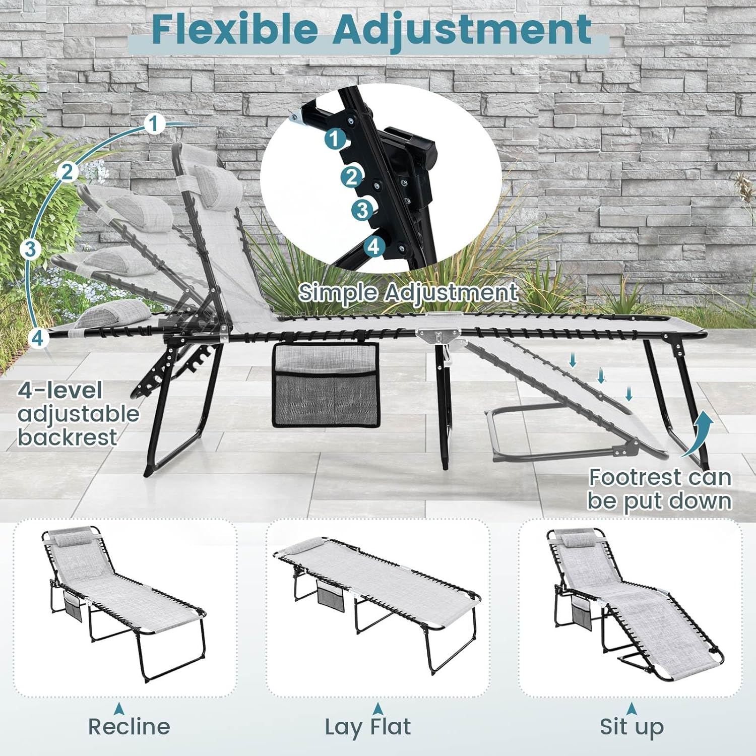 Costway Patio Folding Chaise Lounge, Oversized Portable Lay Flat Reclining Chair W/ 4-Level Backrest, Side Pocket & Detachable Headrest, Outdoor Sun Tanning Chair (168-188 X 69 X 41-86 Cm (L X W X H)) image number 1