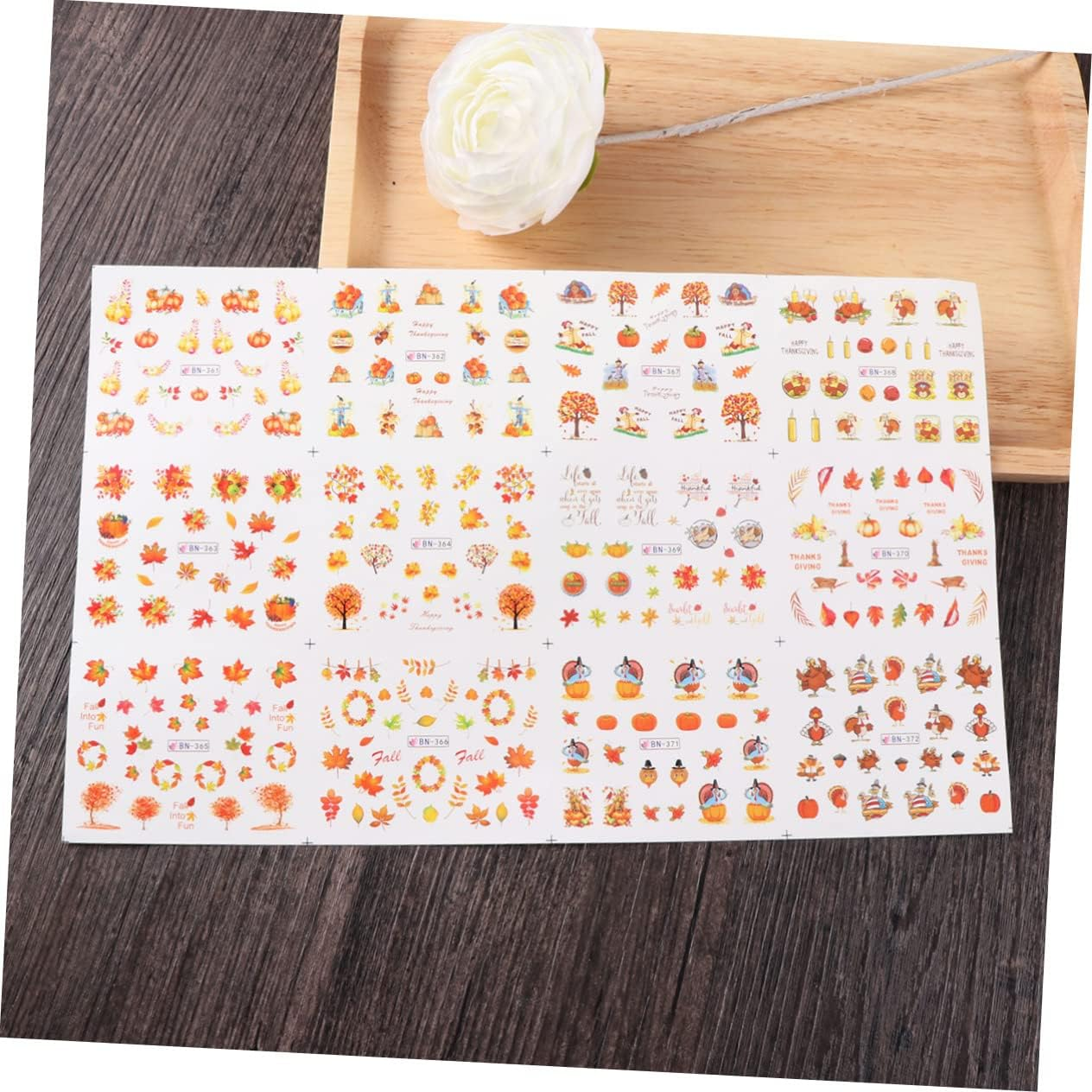 2PCS Halloween Nail Decals Fall Fingernail Sticker Autumn Nail Art Stickers Thanksgiving Nail Decals Water Transfer Maple Leaf Miss Adhesive Big Sheet image number 3