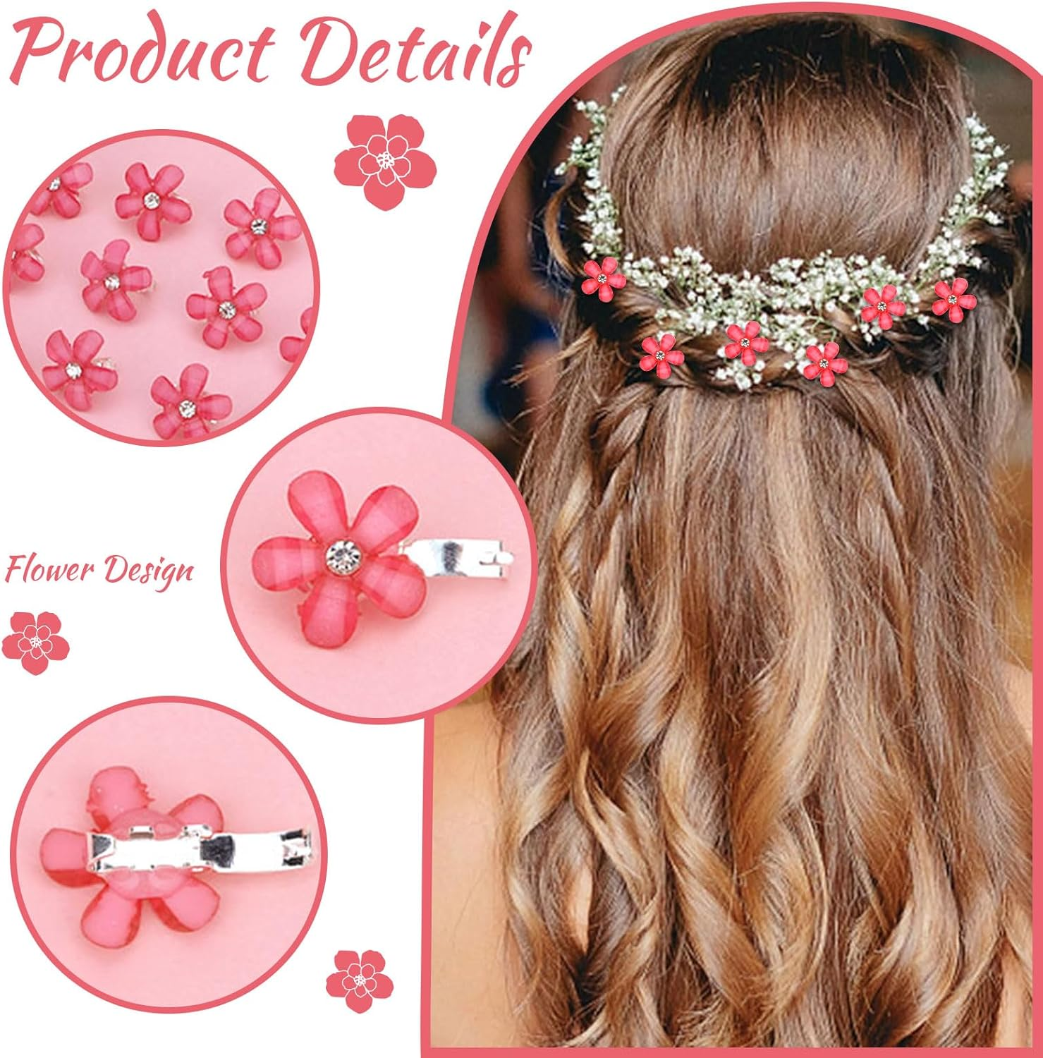 Mezrkuwr 10Pcs Red Mini Flower Hair Clips with Rhinestones, Cute Hair Clips, Flower Hair Pins, Decorative Hair Clips, Wedding Hair Clips, Flower Hair Accessories image number 3