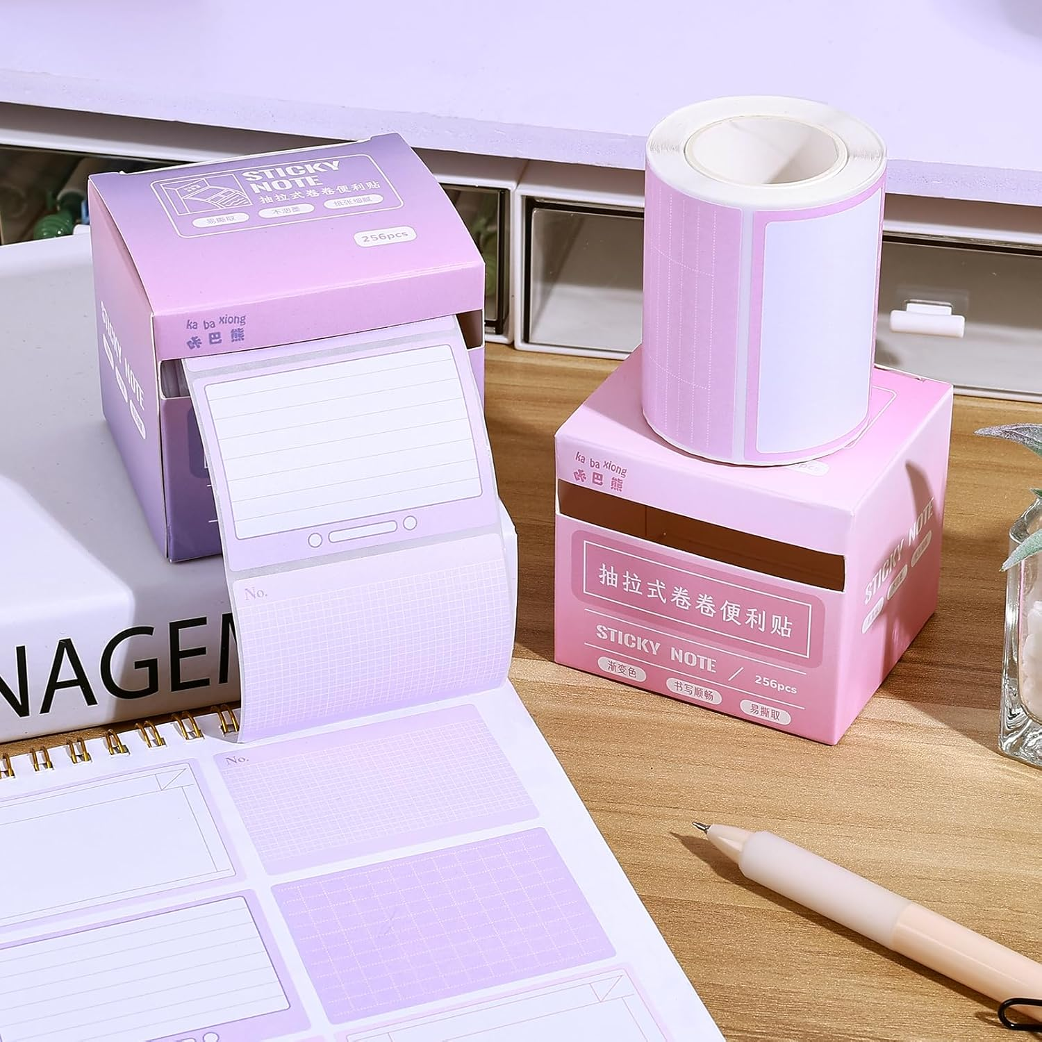 BAYTORY 512 Sheets Sticky Notes Roll Tape, 1.7 X 2.4 Inch Full Adhesive Pop-Out Sticky Notes with Pull Out Dispenser Boxes, Memo Pads Sticker Label for Noting Writing (Pink & Purple) - Pink  Purple image number 4