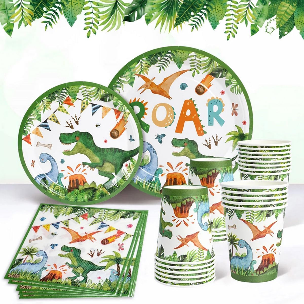 Dinosaur Disposable Tableware Set Roar Dino Tablecloth Plates Cups and Napkins for Birthday Party Decorations