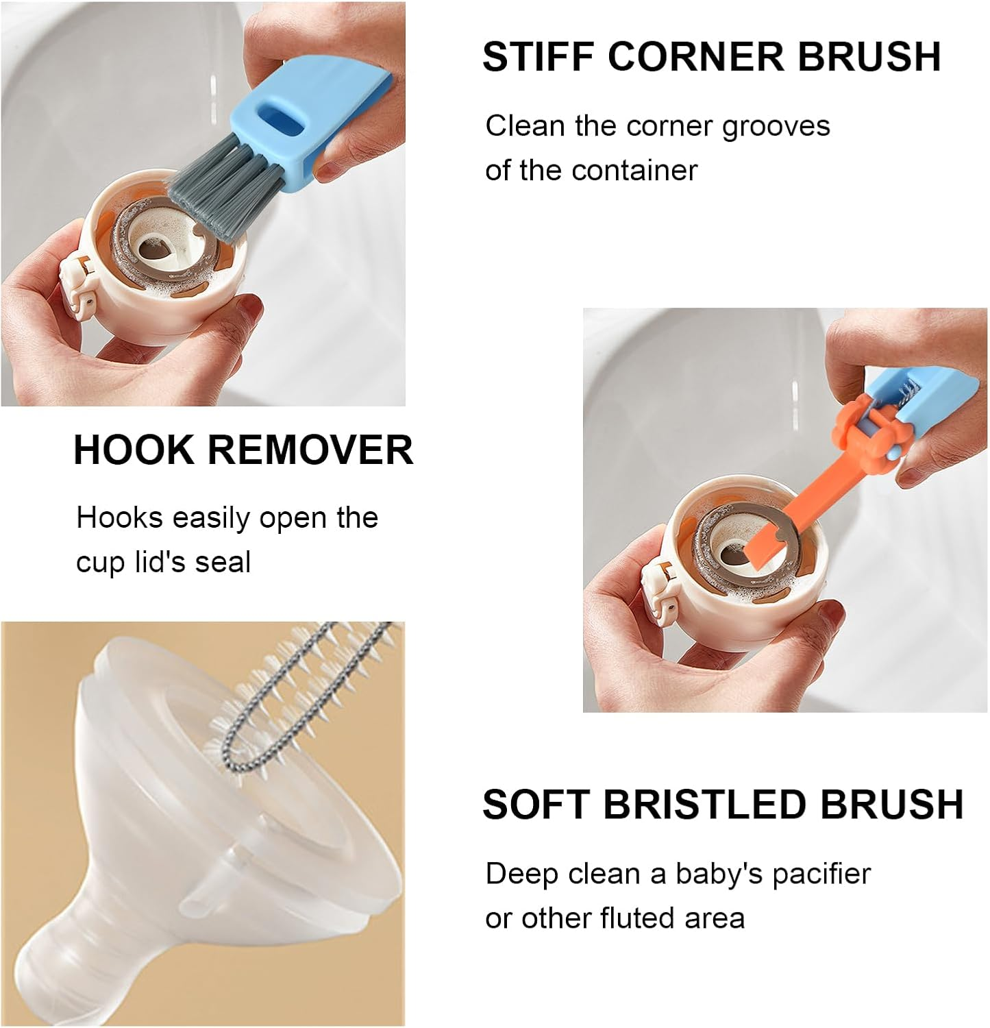 3Pcs 3 in 1 Cup Lid Gap Cleaning Brush Set, with 8 Spoon Straws Cleaning Tools, Tiny Bottle Cup Lid Detail Brush, Crevice Cleaning Tools,Multifunctional Crevice Cleaning Brush image number 5