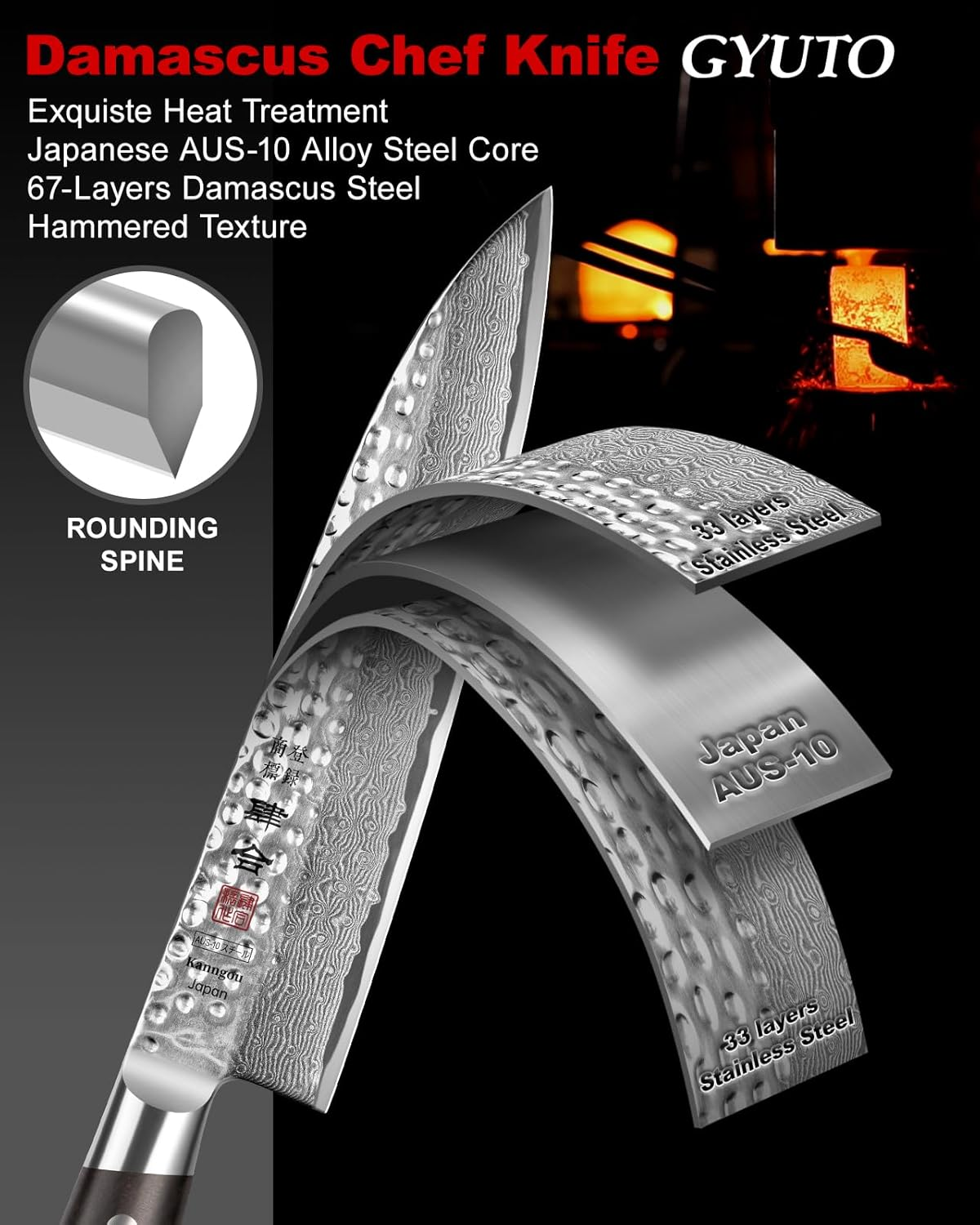 8.27 Inch Damascus Knife Japanese Chef Knife, AUS-10 Core 67 Layers Damascus Steel Gyuto Knife with Full-Tang Ebony Wood Handle, Professional Chef Knife with Premium Gift Box image number 6