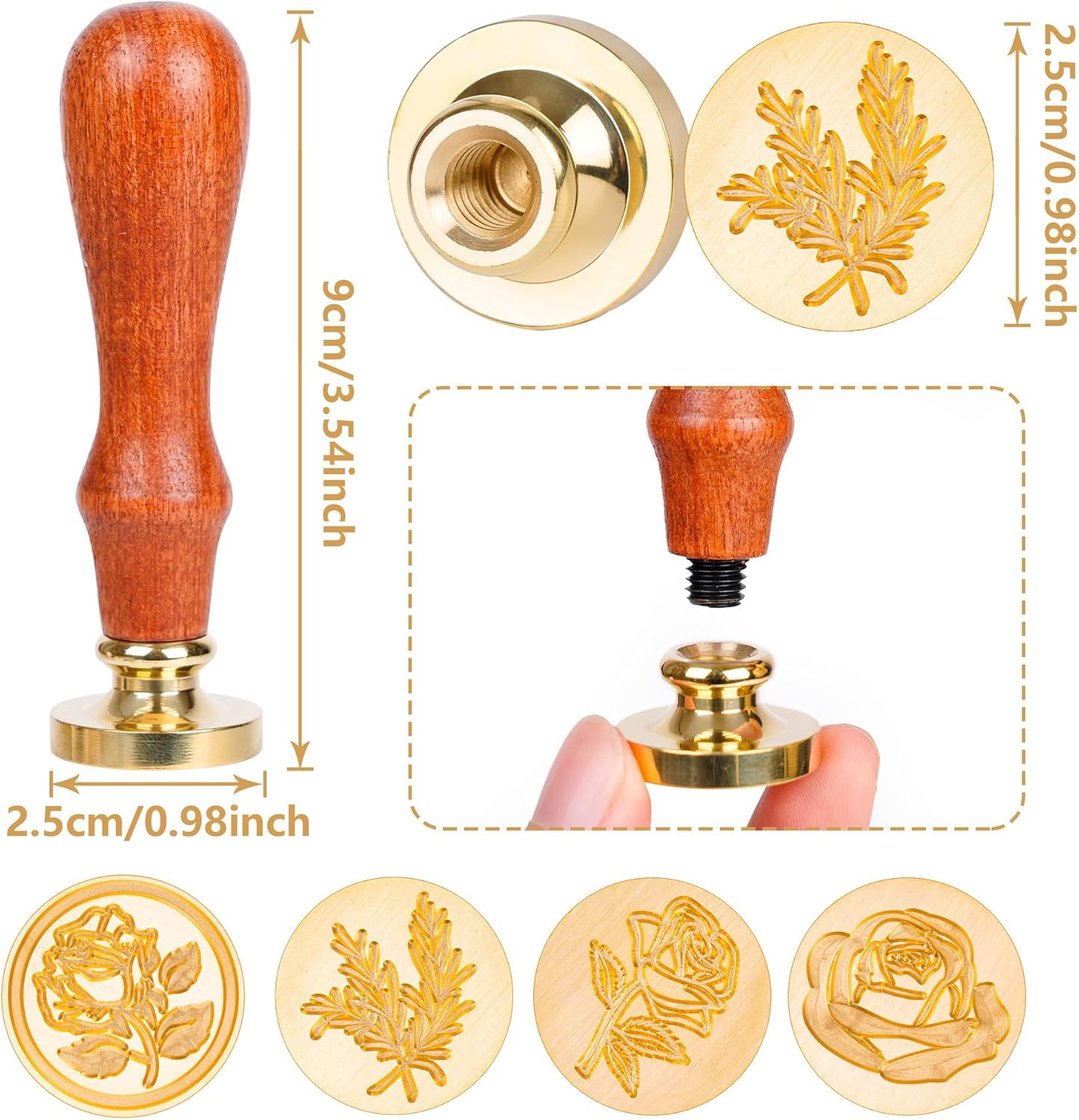 Wax Seal Stamp Set, 4 Pieces Flower Plant Sealing Wax Stamp Premium Brass Heads with 3 Rose Flower Styles 1 Rosemary Style 1 Wooden Handle for Wedding Invitation Greeting Card Envelope Gift image number 2