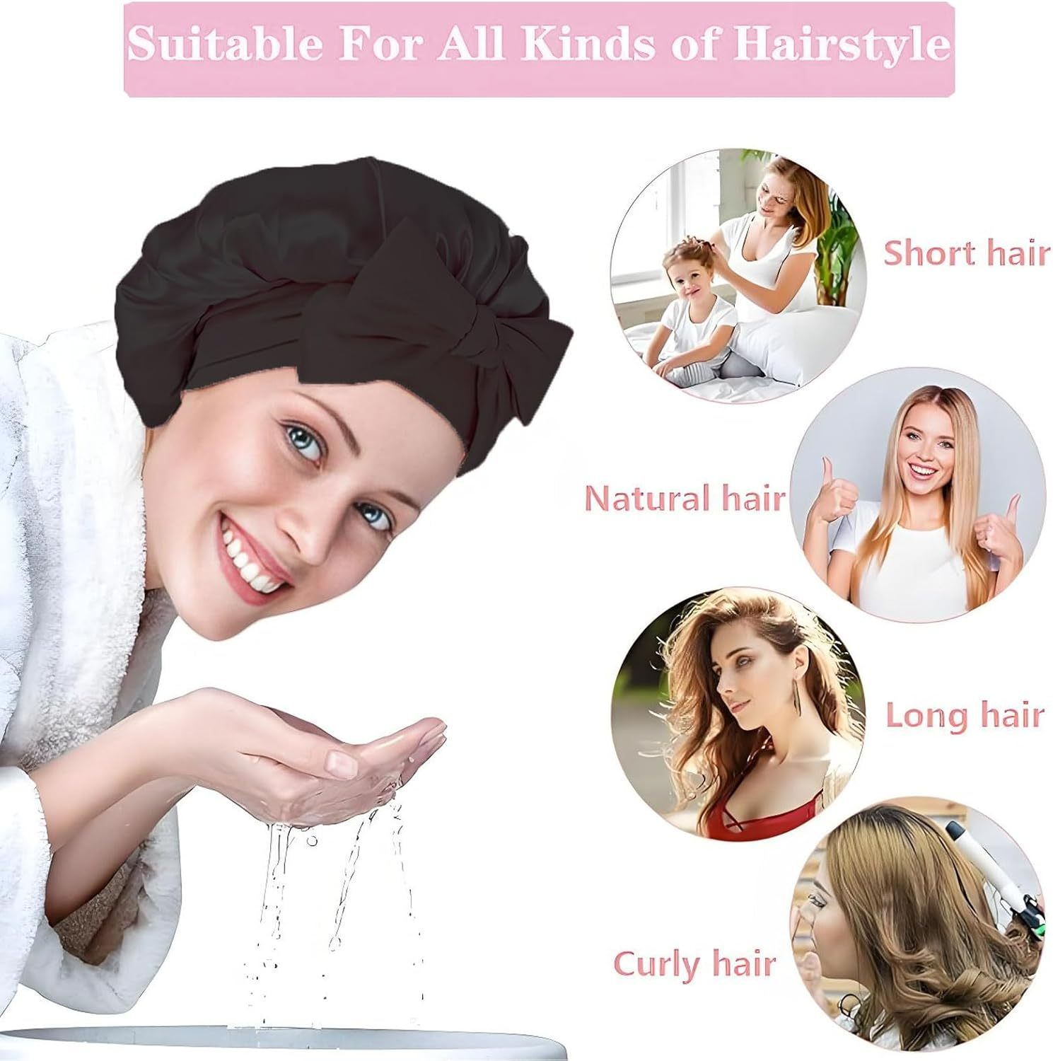 2 Pcs Satin Sleep Cap, Silk Bonnet with Tie Band, Adjustable, Black+Pink image number 3