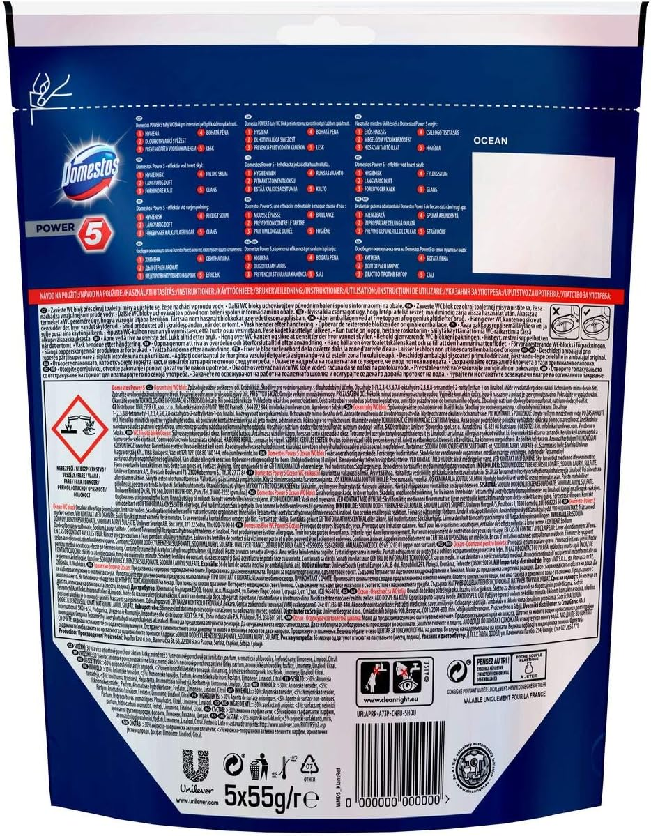 Domestos Power 5 Ocean Toilet Cage, 55G, Pack of 5, Long-Lasting Cleaning