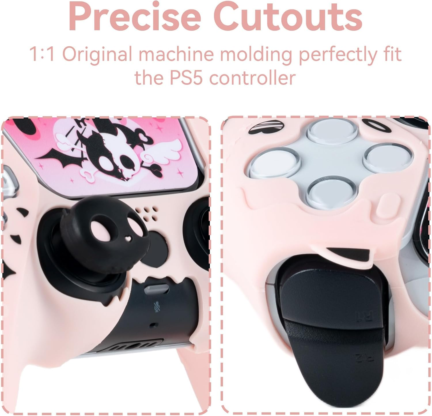 Geekshare PS5 Controller Skin Set,Anti-Slip Silicone Protective Cover Skin Case for PS5 Wireless Controller with 2 Thumb Grip Caps and 1 Sticker - Sweetheart Skull (Pink) image number 3