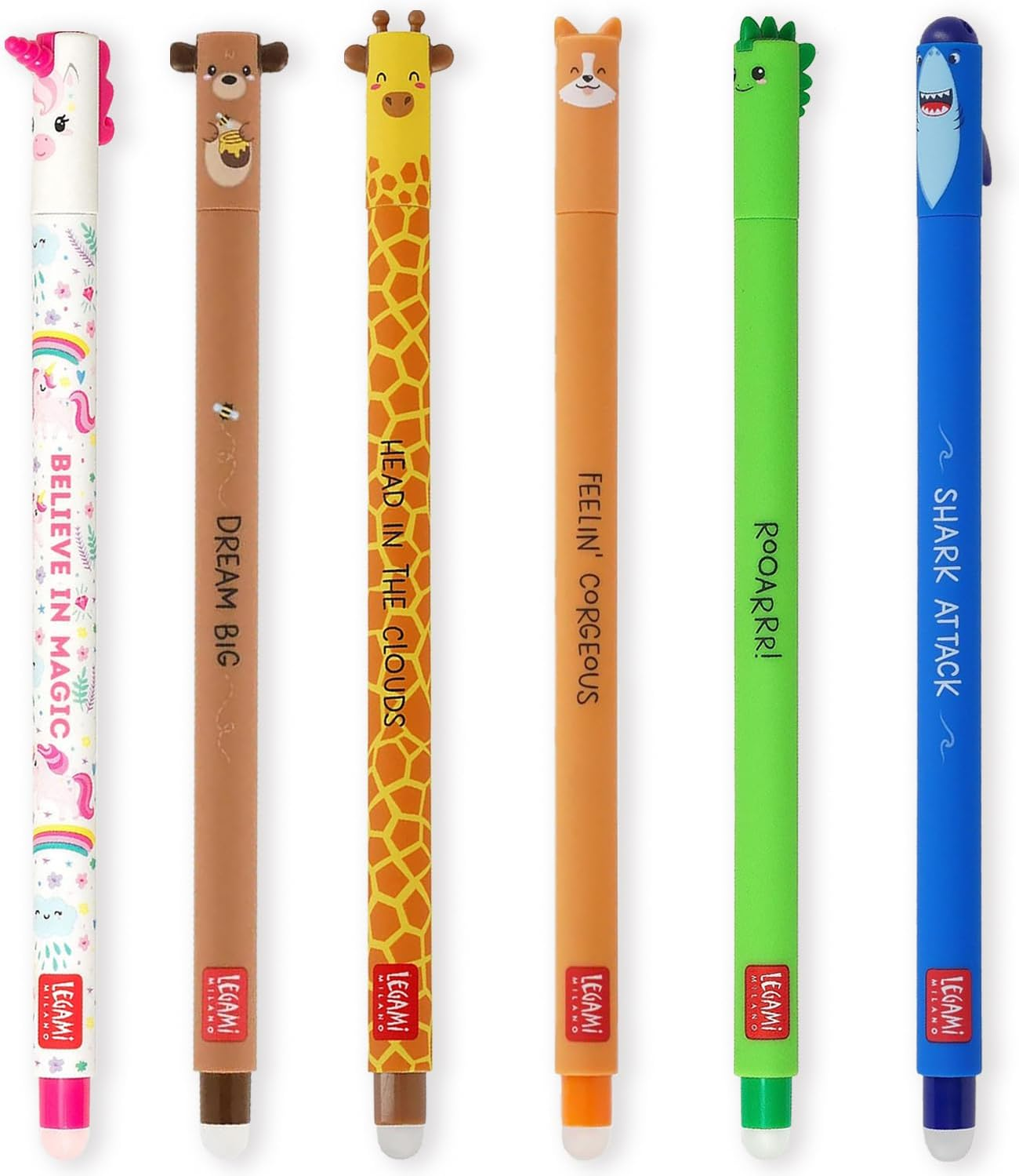 LEGAMI - Set of 6 Erasable Gel Pens with Thermosensitive Erase Ink, Range of Ink Colours & Barrel Designs, 0.7Mm Tip, Unicorn, Teddy Bear, Giraffe, Corgi, Dino, Shark Designs image number 4