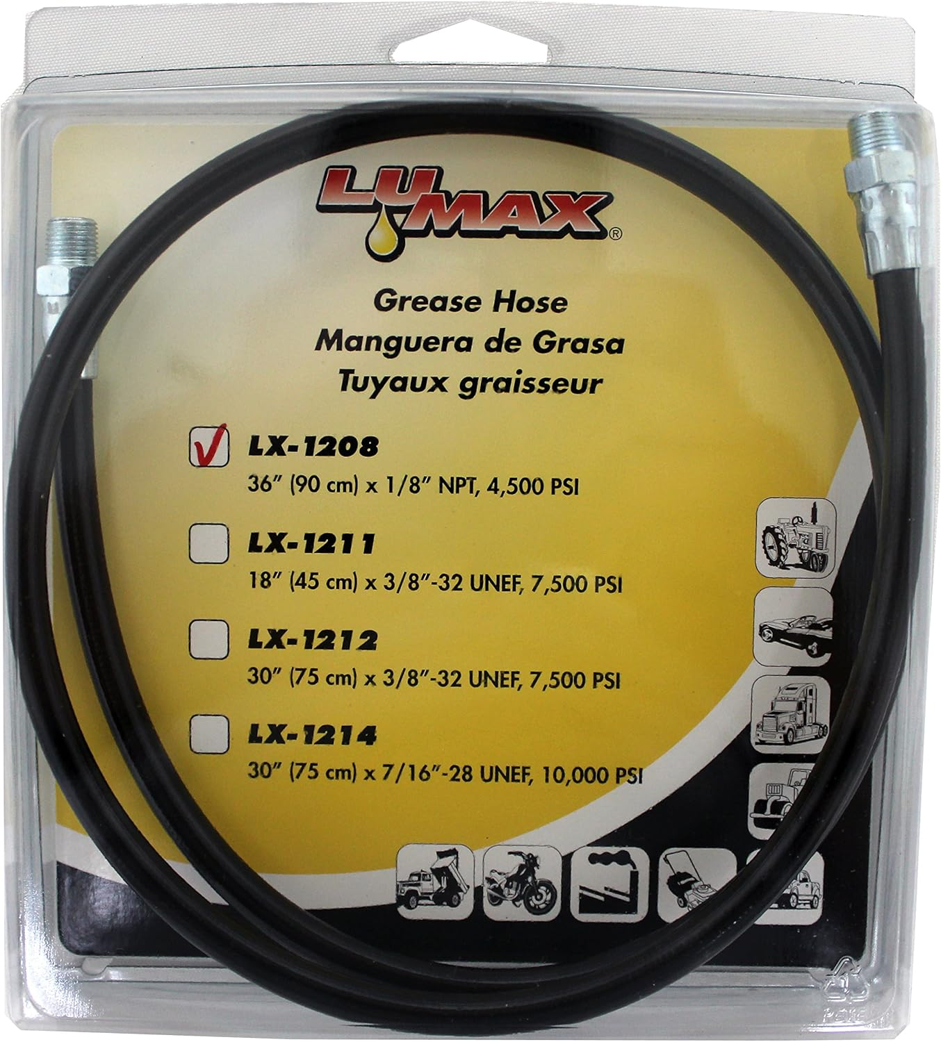Lumax 36 Inch LX-1208 36" Thermoplastic Grease Hose, 4500 PSI (310 Bar) 1/8" NPT Threads. Fully Bonded Construction to Maximize Kink Resistance and Minimize Bend Radius