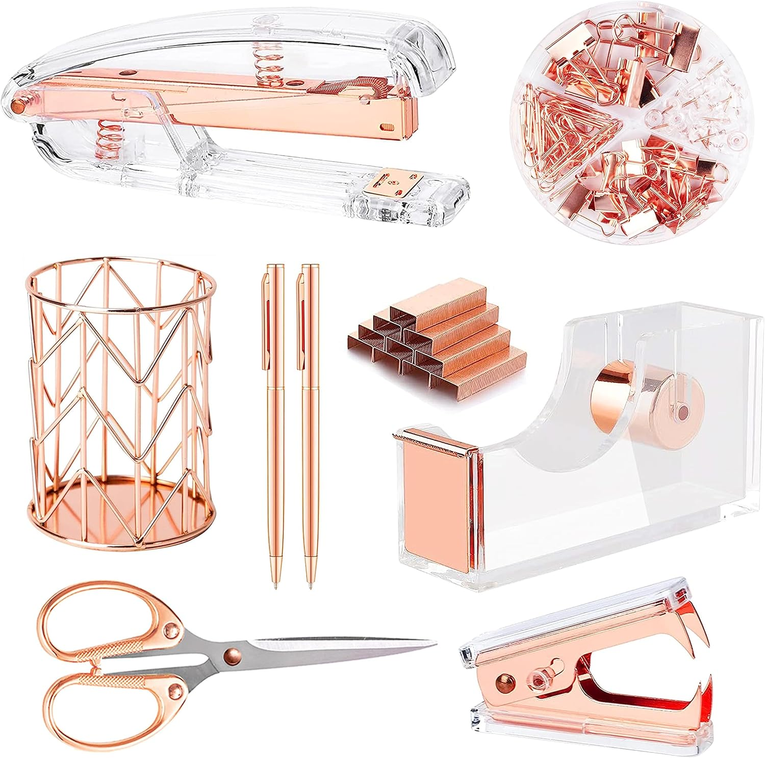 FACAICAI Rose Gold Desk Accessories，Office Supplies Set Acrylic Stapler Set Staple Remover, Tape Holder, 2 Ballpoint Pen, Scissor, Binder/Paper Clips and 1000Pcs Staples (Silver)