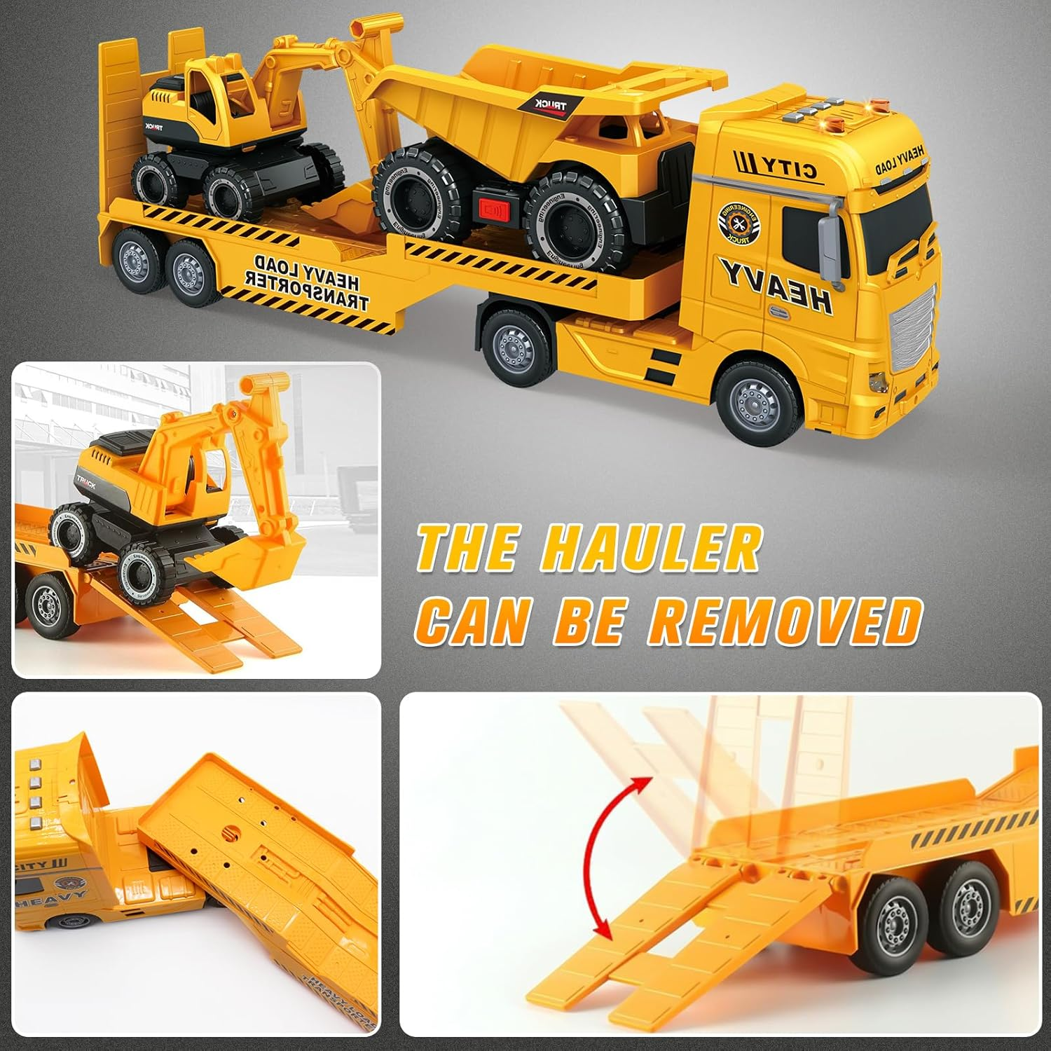 Yiwsnust Large Flatbed Semi Truck Toy for Kids, 25.6'' Construction Carrier Semi Truck with Excavator and Dump Trucks, Friction Powered Flatbed Semi Truck Kids Toy with Light & Sound image number 5