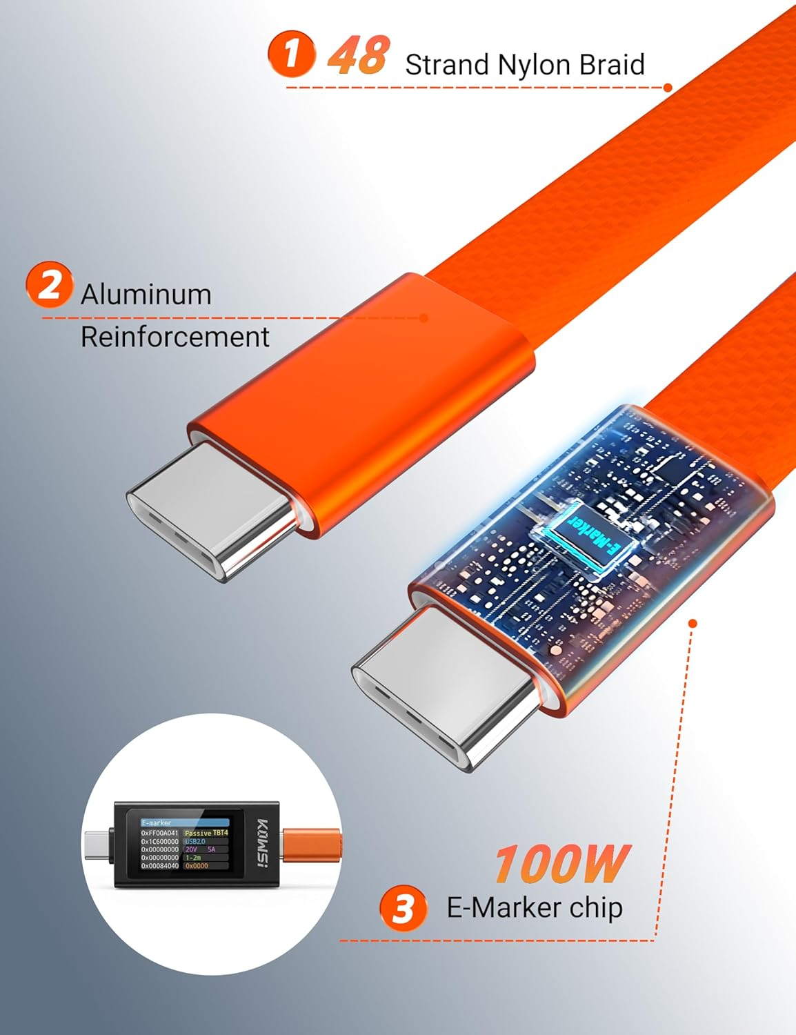 BELAROI 100W Magnetic USB-C Flat Charging Cable 1M, USB C to USB C Fast Charger, Coiled Retractable Tangle Cord for Macbook Pro/Air, Ipad, Iphone 15/16/17 Series, Laptops, Galaxy, Pixel, Etc(Orange)