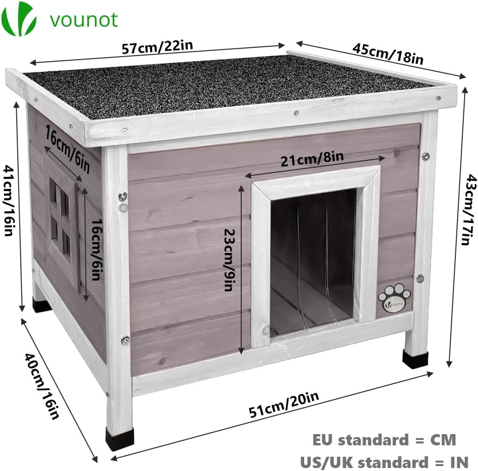 VOUNOT Cat House Outdoor with Kennel Door Privacy Window Cat Wooden Shelter 57X45X43Cm, Grey image number 4