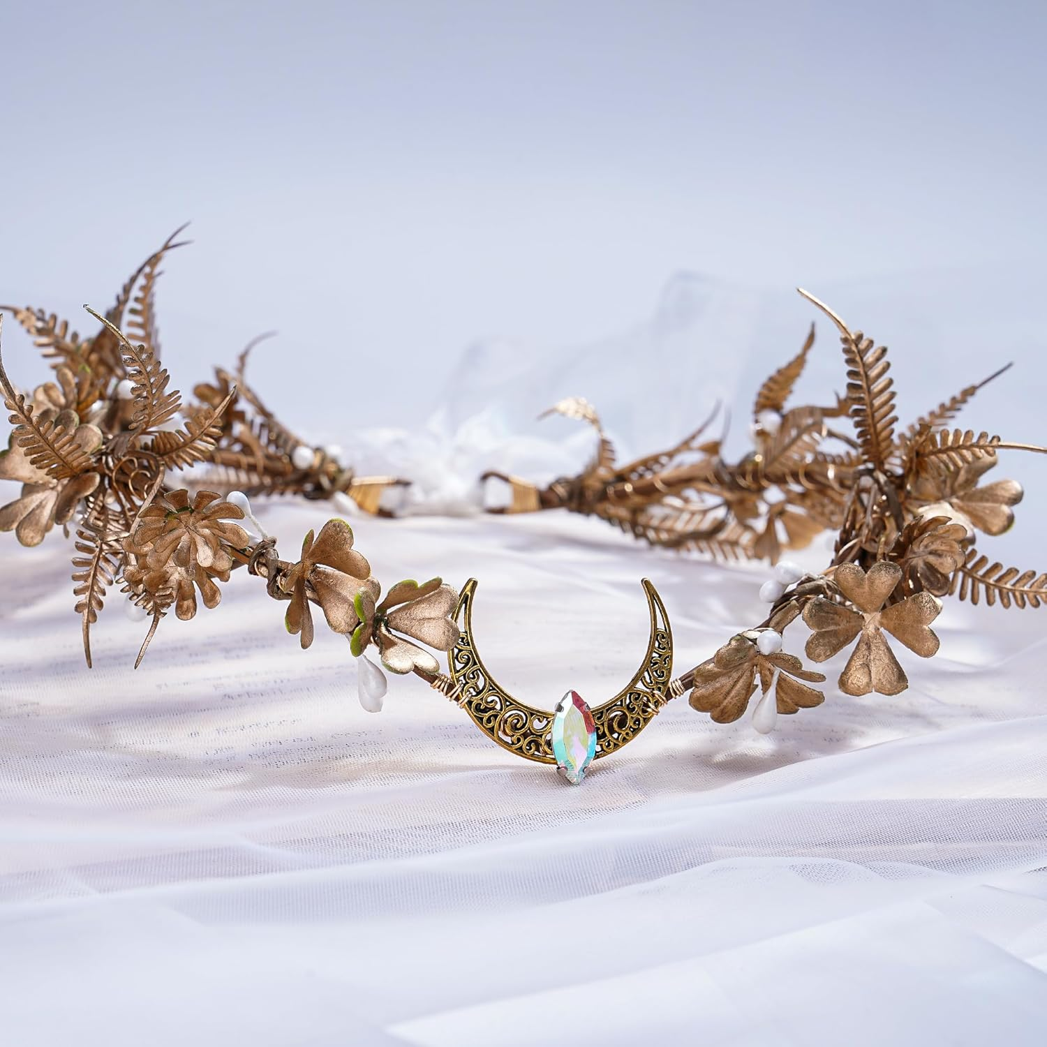 MOSTORY Golden Elf Crown for Women Forest Flower Headband for Renaissance Cosplay Moon Fairy Elf Headpiece for Party Photo Shoots image number 3