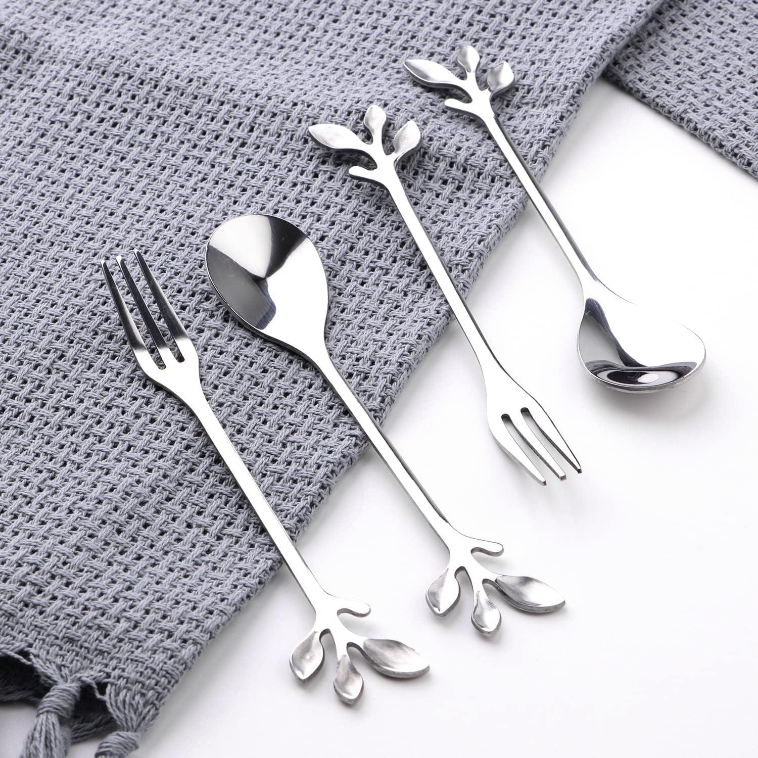 Stainless Steel Leaf Appetizercake Fruit Fork,10Pcs Leaf Handle Small Coffee Spoons and Dessert Fork,Stainless Steel Leaf Coffee Spoon and Fork,Stainless Steelleafcoffeespoonandfruitfork,Silver