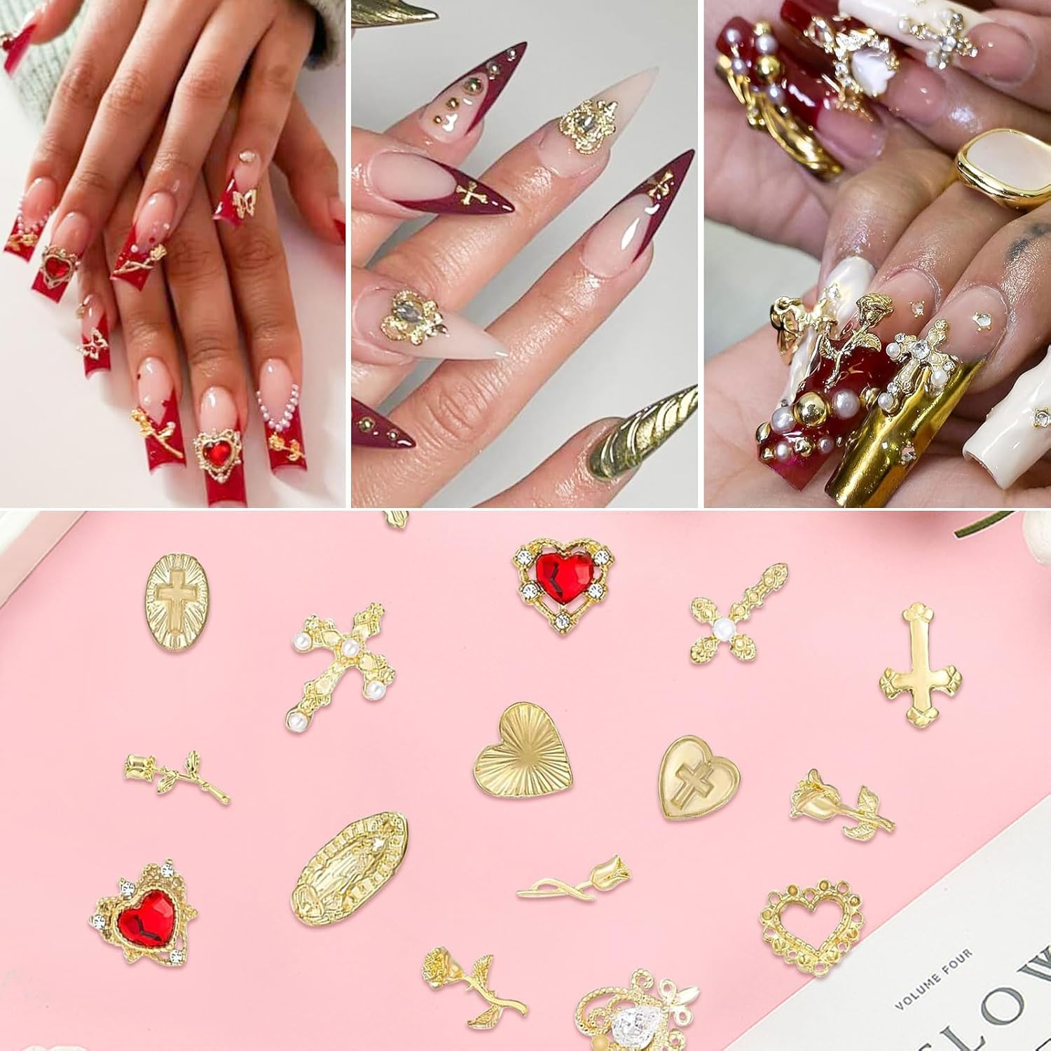 Gold Nail Charms 80 Pieces Cross Rose Heart Virgin Mary Nail Accessories Alloy Nail Accessories for Manicure Design Decorations DIY Crafts image number 3