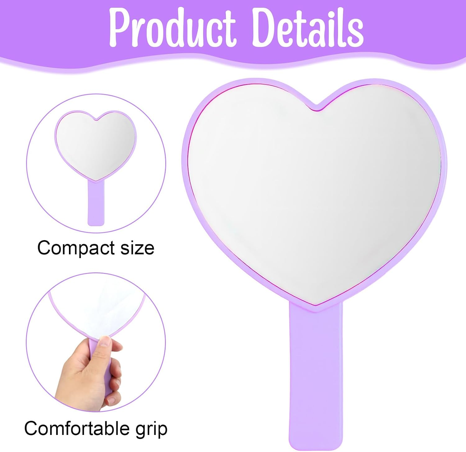 Sorcristy 2PCS Hand Mirror for Women，Heart Shaped Handheld Mirror Mini Cosmetic Mirrors with Handle Travel Makeup Decorative Hand Held Mirrors for Women Valentine&lsquo;S Day (Pink, Purple) image number 1