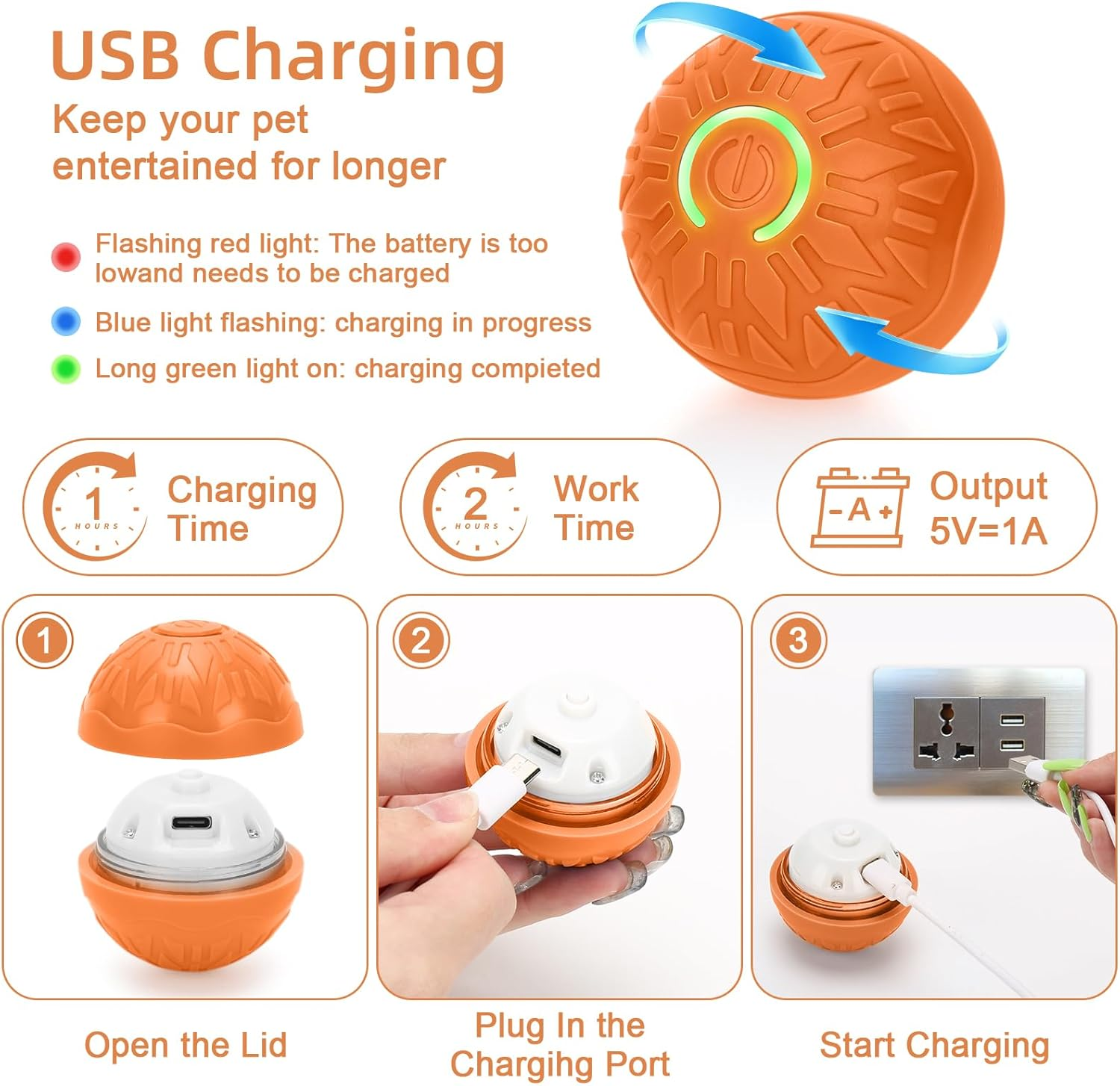 MR.TIMELAG Smart Interactive Dog Toy, Moving Activated Automatic Bouncing Rolling Dog Balls with Led Lights, Durable Sports Pet Toy For/Small/Medium Dogs,Usb Rechargeable(Orange+Blue) image number 6