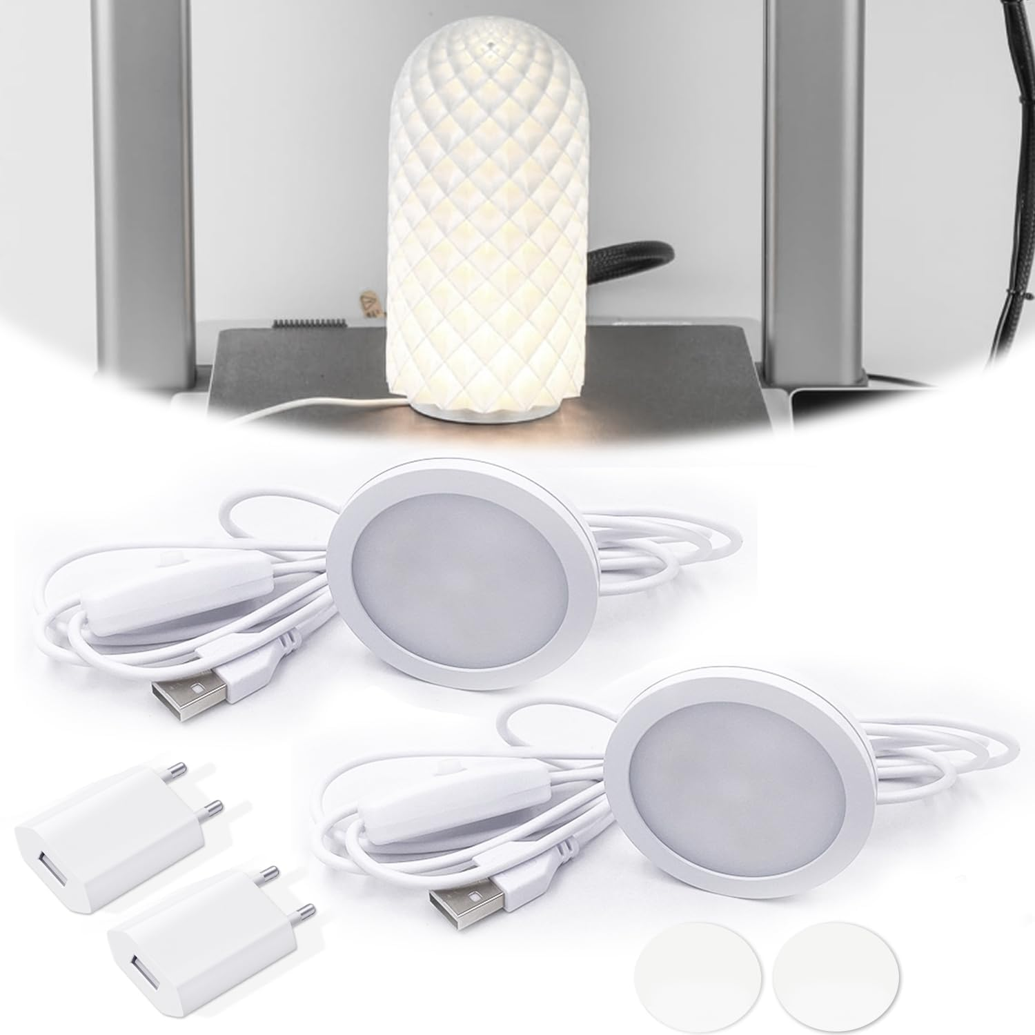 Pack of 2 3D Printer LED Lamp Kit for Lab A1/A1Mini/P1S/P1P/X1C for Crafting Night Light Models and Easy Installation, with USB Adapter, Three Types of White Light (White Style)