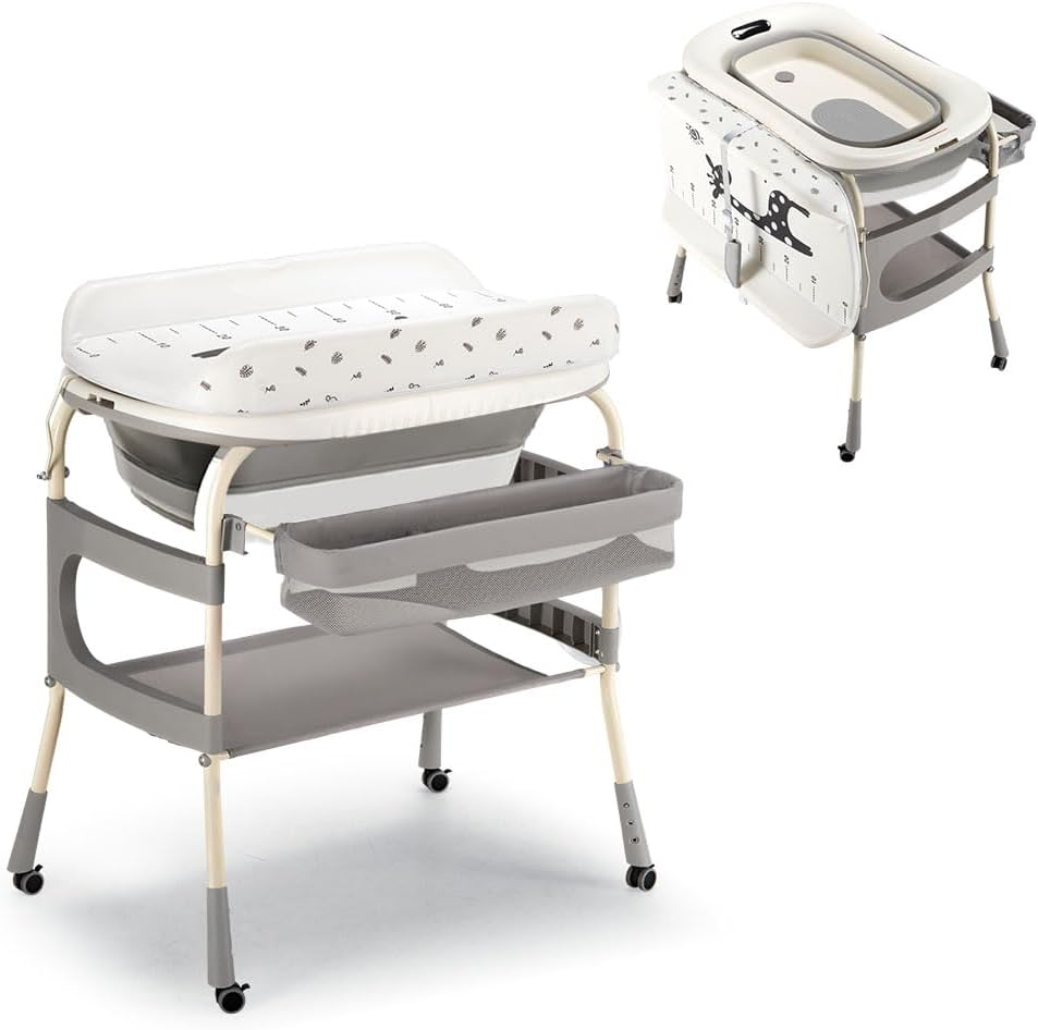 Playpals 2-In-1 Baby Change Table & Baby Bathtub, Adjustable Height Changing Station with Storage Basket & Safety Belt, Mobile Nursery Diaper Changing Table for Baby, Newborn (Grey) image number 5