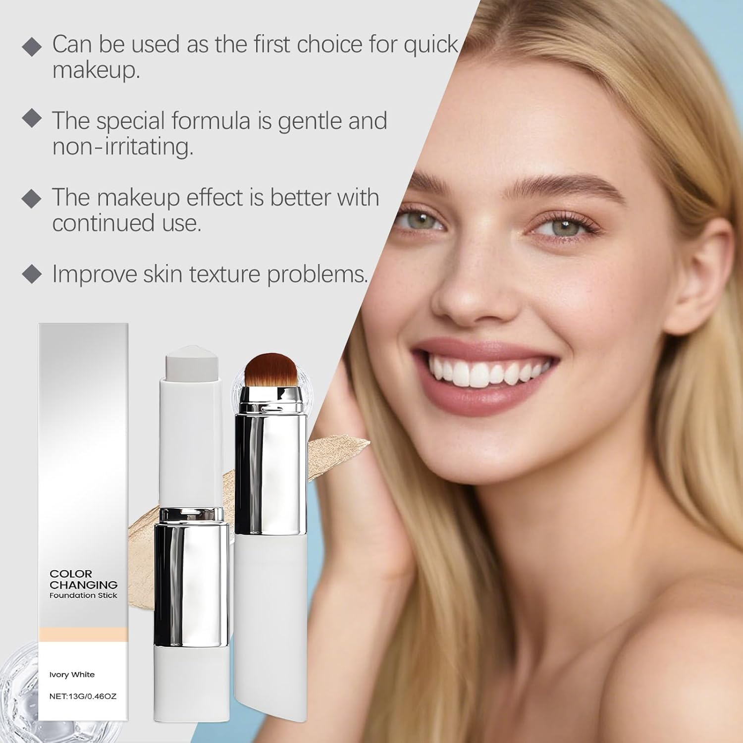 Color Changing Foundation Stick with Brush - Double-Headed Lightweight Hydrating Full Coverage Cream for All Skin Types (Medium) image number 1