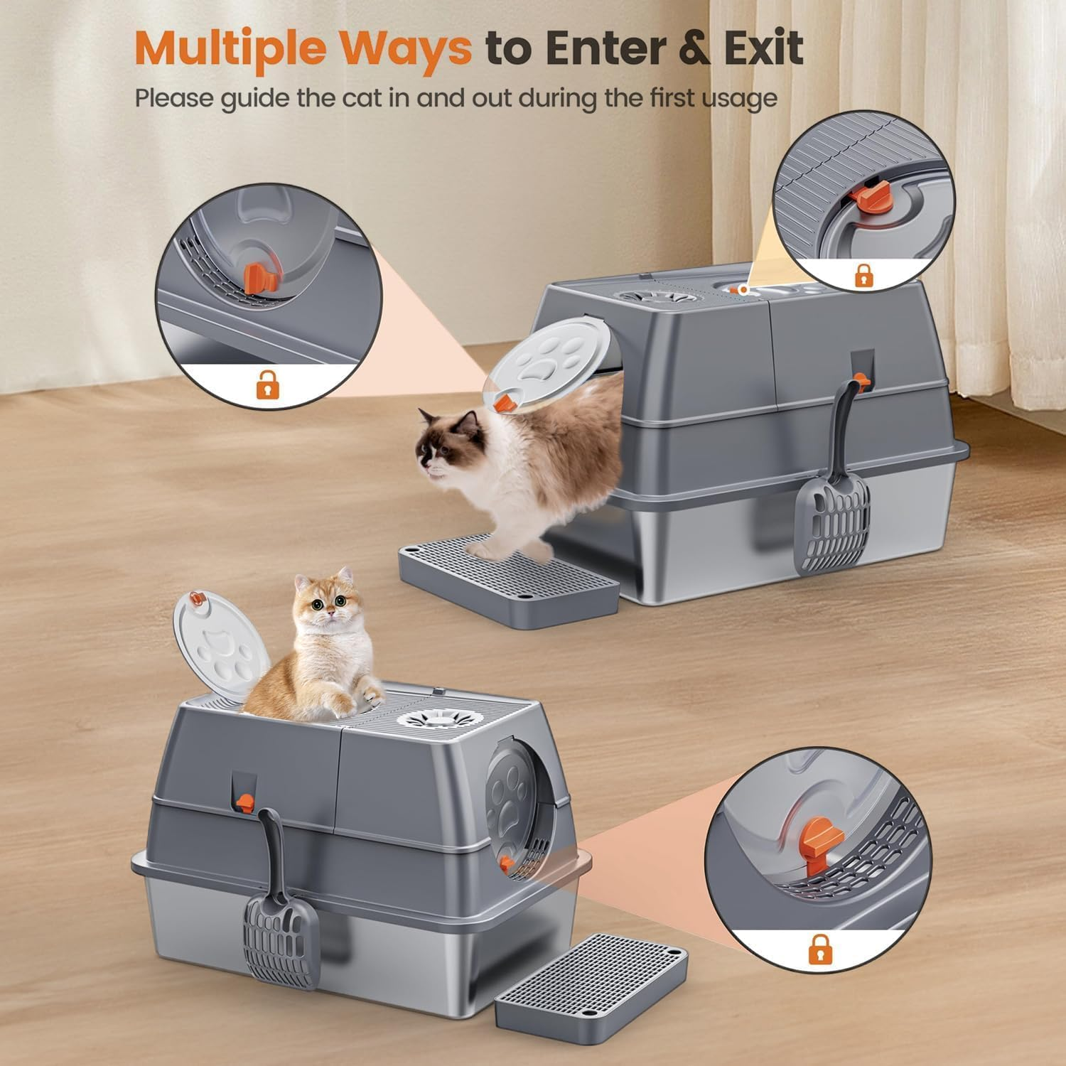 ZALLUC Stainless Steel Cat Litter Box with Lid, Flip-Top Extra Large Cat Litter Pan, Enclosed Metal Litter Box with Litter Scoop & Filter Pedal, Anti-Leakage, Odor Free, Front & Top Dual Entry(Grey) image number 1