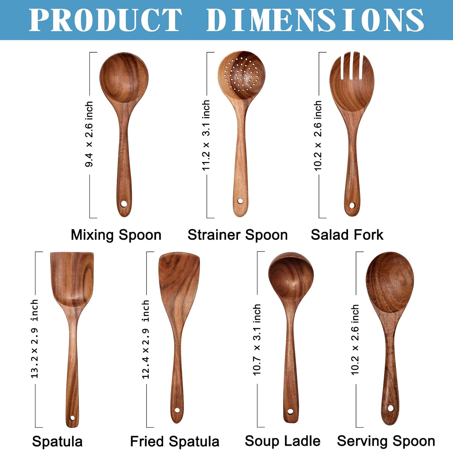 Wooden Non-Stick Kitchen Pan Toolset 7 Pieces Set,100% Natural Teak Kitchen Utensils Spatula, Wooden Cooking Utensils Spoons, Fried Spatula and Salad Fork image number 4
