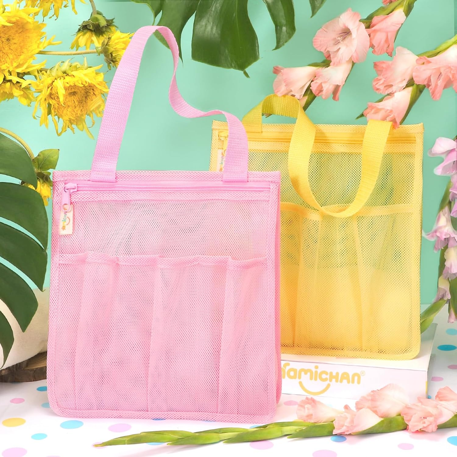 Famichan Mesh Shower Caddy Portable, Gym Travel Camp Dorm Room Essentials for Women and College Girl, Pink Bathroom Shower Bag image number 3