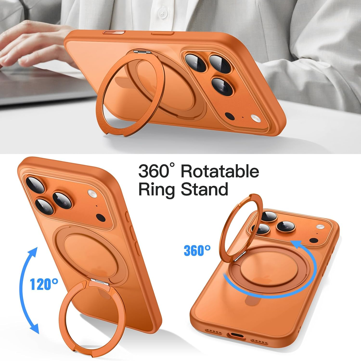 Jetech 360 Degree Rotatable Ring Case for Iphone 17 Pro 6.3-Inch with Camera Control Button, Compatible with Magsafe, Slim Shockproof Phone Cover with Stand & Ring Holder (Orange) - Orange image number 2