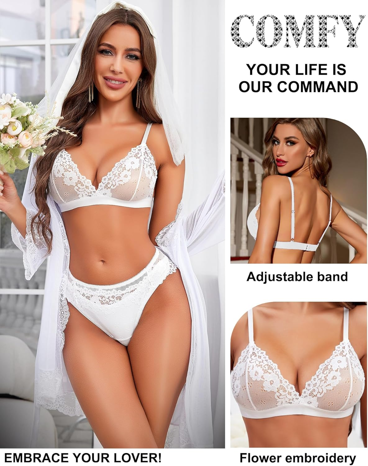 RSLOVE Lingerie for Women Sexy Floral Lace Bra and Panty Sets Two Piece Babydoll image number 2