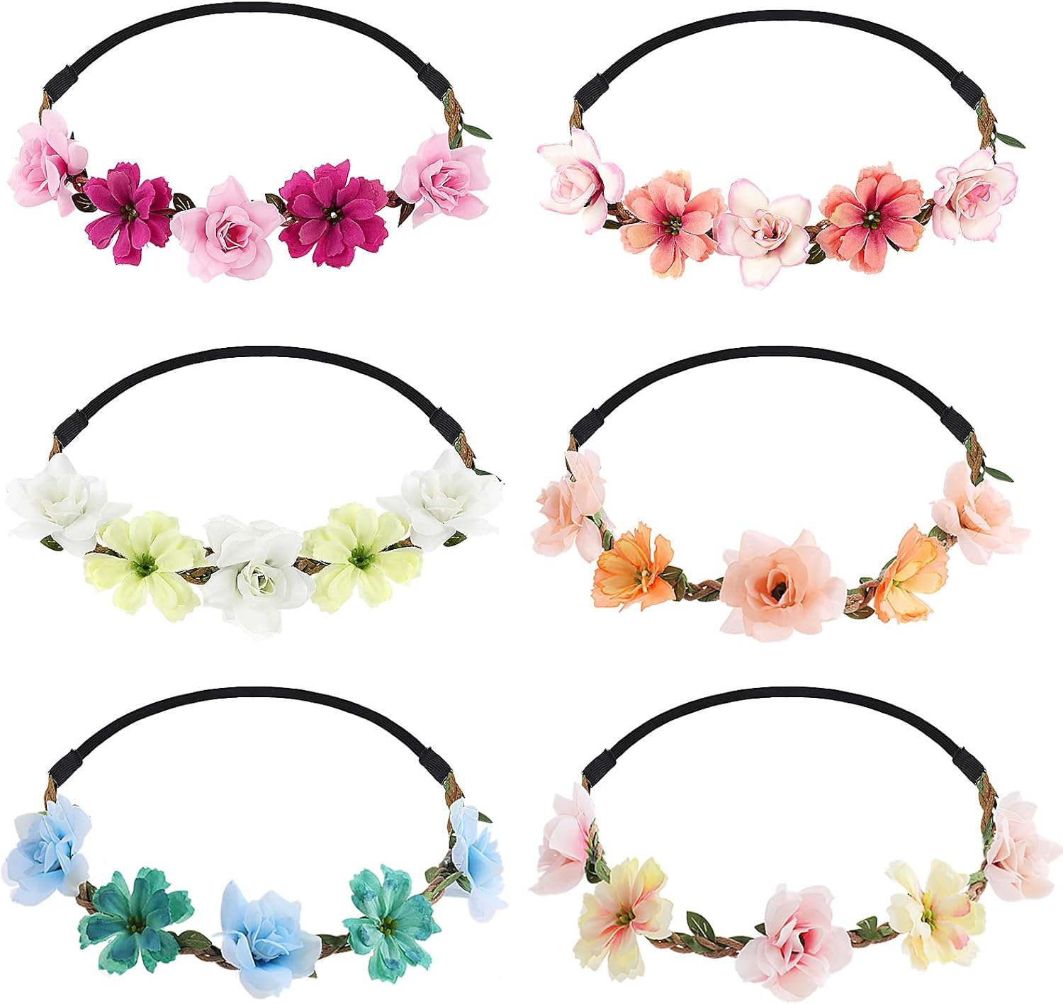 6Pcs Girls Flower Crown Headbands Flower Hair Band for Women Girls, Floral Tiara Hairband Garland Fashion Floral Headbands Wreath Festival Hair Accessories Elastic for Wedding Party Festival Party image number 3