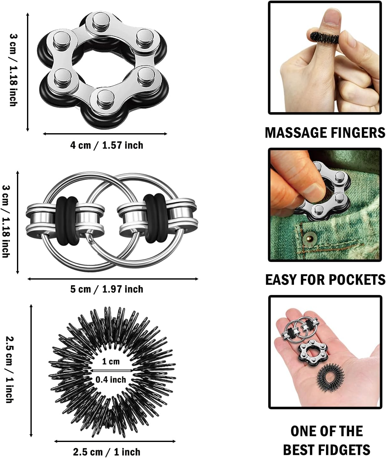 6-Piece Fidget Toys Set, Six Roller Chain & Key Flippy Chain, Acupressure Ring, Anti-Stress Toy for Adults and Children (Black) image number 4